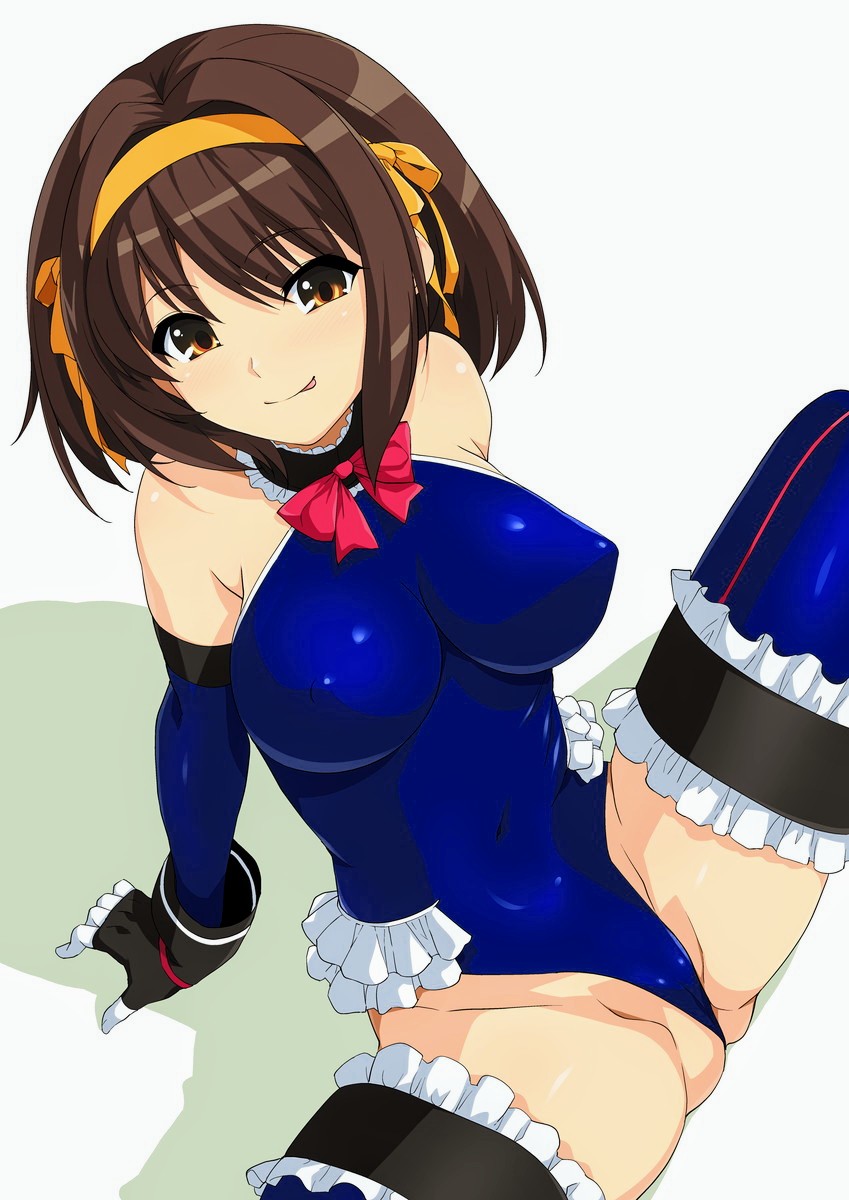 1girls blue_leotard breasts brown_hair cosplay dead_or_alive female hair_ribbon haruhisky looking_at_viewer marie_rose_(cosplay) medium_breasts short_hair simple_background sitting solo spread_legs suzumiya_haruhi suzumiya_haruhi_no_yuuutsu swimsuit tongue_out white_background