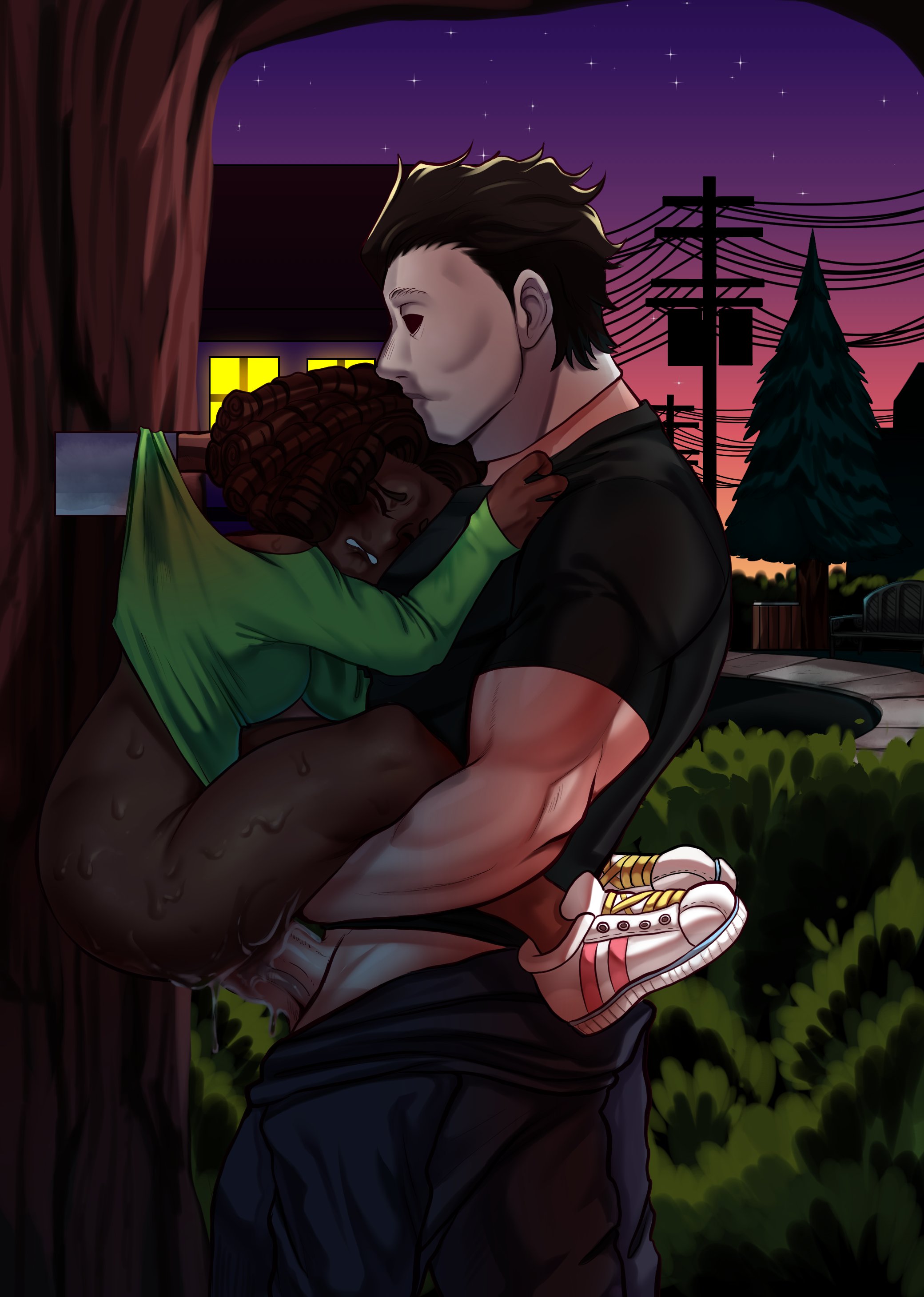 1boy, 1girls, aggravatedmomo, bottomwear, clothing, dark skin, dark-skinned female, erection, female, female human, female penetrated, femsub, halloween (series), held up, human, interracial, knife, large penis, light skin, light-skinned male, male, male human, male penetrating, male penetrating female, maledom, mask, michael myers, night, original character, penetration, penis, rape, sex, straight, sweat, topwear, tree