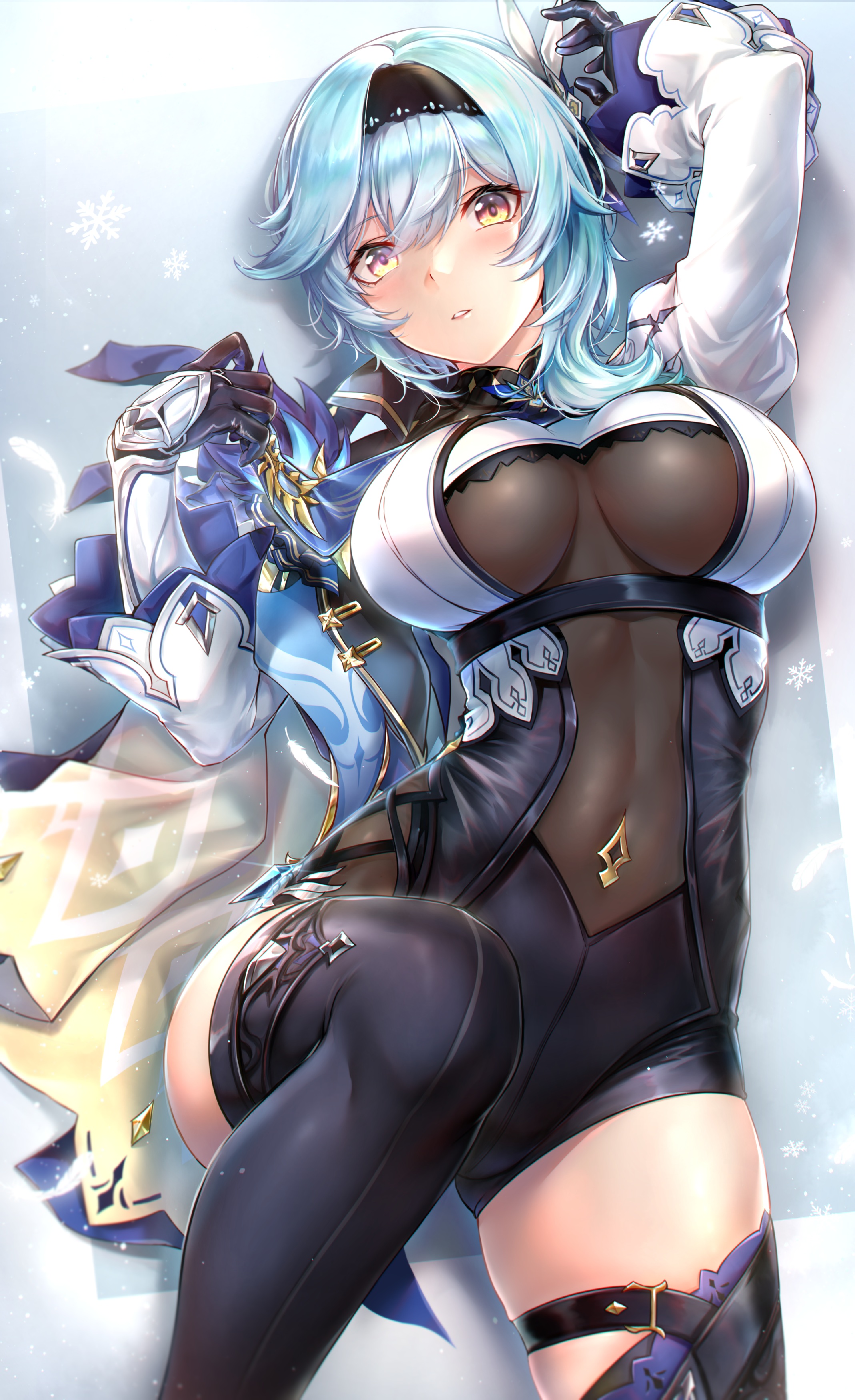 big breasts, blue hair, bodysuit, boots, breasts, clothed, curvaceous, curvy, eula (genshin impact), female, female only, genshin impact, heel boots, high heel boots, horny, leotard, perky breasts, rei kun, see-through, see-through clothing, thigh boots, thigh high boots