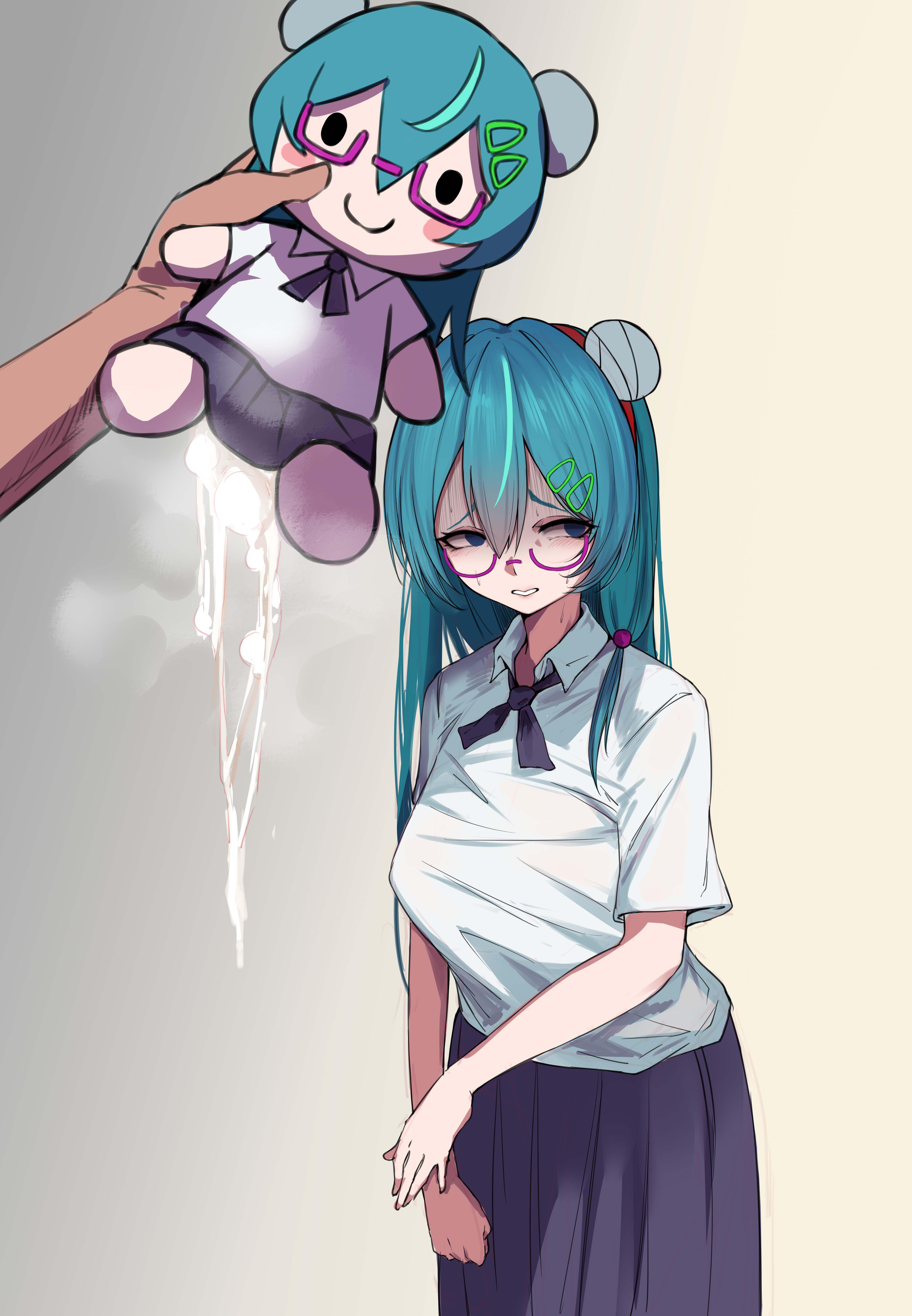 absurdres, blue hair, character doll, commentary, cum, cumdrip, doll, english commentary, glasses, hair ornament, highres, implied penetration, implied sex, indie virtual youtuber, kuromikii (vtuber), looking to the side, meme, nervous smile, nervous sweating, plushie, plushophilia, simple background, smile, sparkle doll meme, stuffed toy, sweat, uncommon stimulation, virtual youtuber, ye (pixiv83975537)