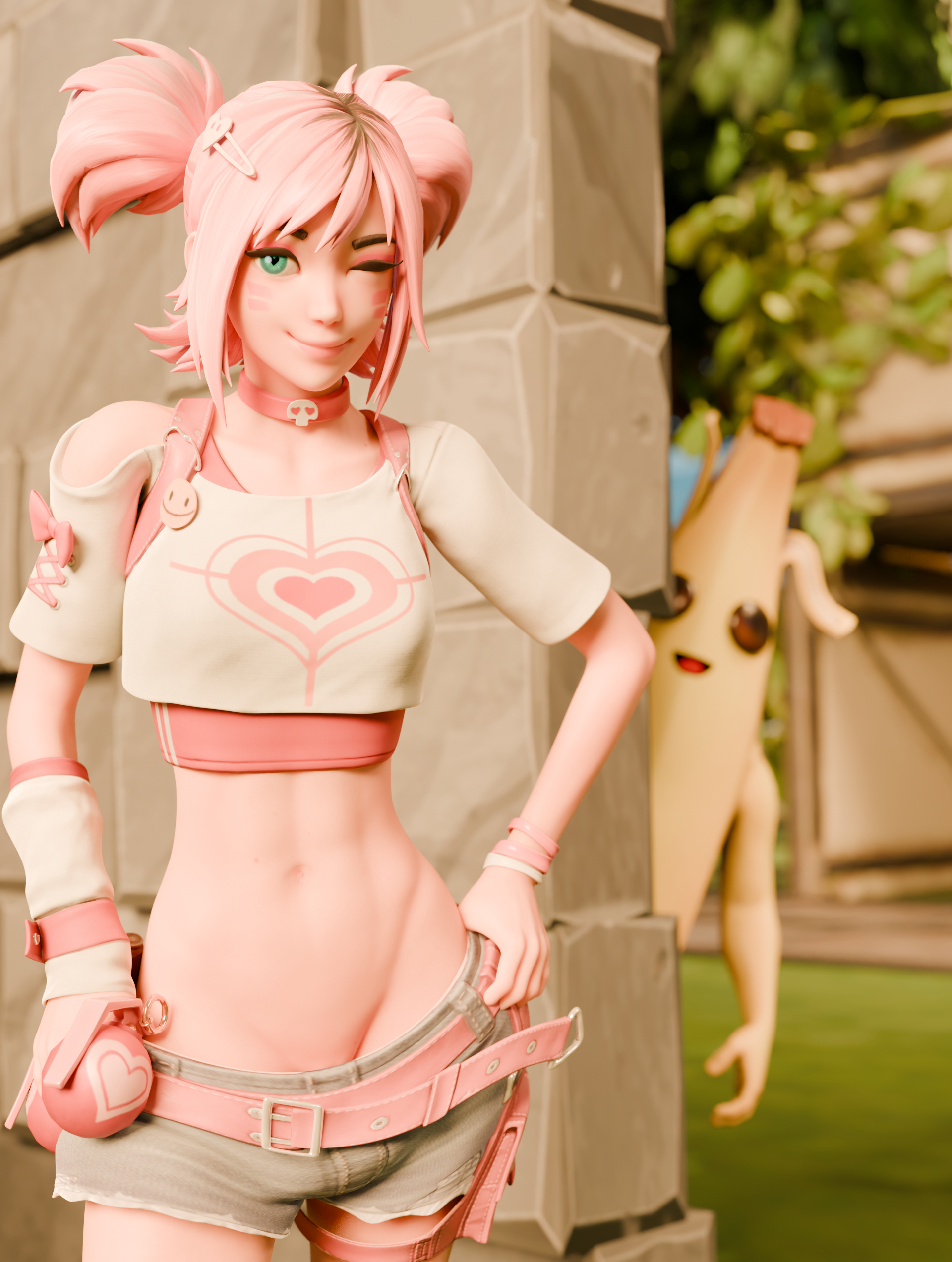 3d, artist request, blender (software), esme (fortnite), female, fortnite, looking at viewer, midriff, peely, pink hair, pulling down pants, winking, winking at viewer