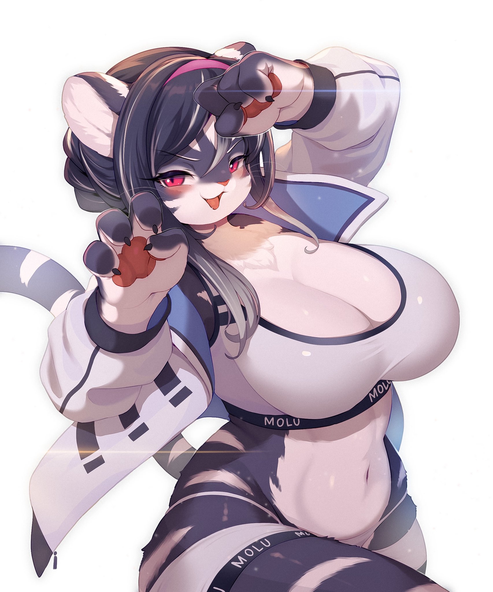 1girls, 4 fingers, anthro, black fur, black hair, blush, cleavage, countershading, female, female only, fur, furry, furry only, hi res, jacket, lee da-hong (whooo-ya), looking at viewer, narrowed eyes, original, pantherine, pawpads, pose, red eyes, slit pupils, smile, smiling at viewer, solo, solo female, striped fur, tail, tank top, tiger, tiger ears, tiger stripes, tiger tail, upper body, white background, white highlights, white stripes, whooo-ya