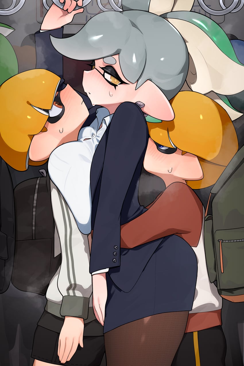 1girls, 2boys, age difference, chikan, clothing, crowded, female, groping, hizake, hug, hugging, hugging from behind, inkling, inkling boy, inkling girl, kashu (hizake), larger female, marie (splatoon), nintendo, office lady, older female, pencil skirt, shorter male, skirt, smaller male, splatoon, splatoon (series), splatoon 2, splatoon 3, squeezing, squid sisters, sweaty, taller female, thighhighs, white hair, worried, younger male