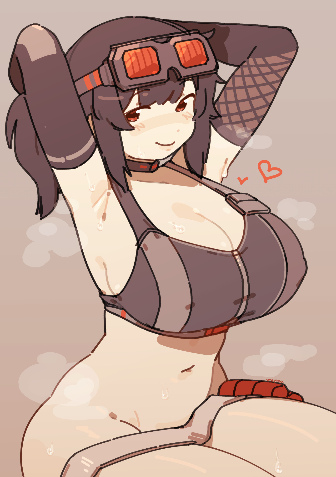 1girls, armpits, arms up, black hair, bottomless, cleavage, crypine, goggles, goggles on head, grace howard, heart, navel, ponytail, simple background, smile, solo, sweat, zenless zone zero