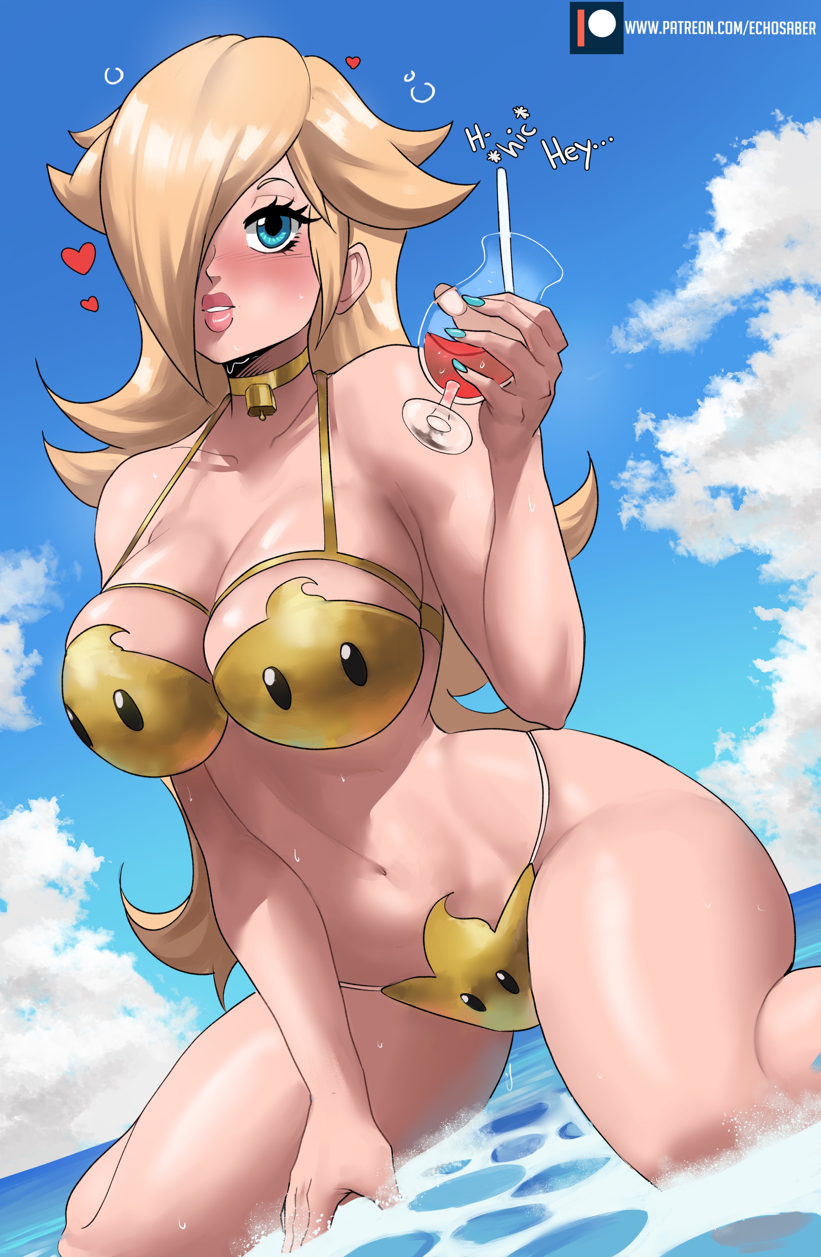 1girls, absurd res, absurdres, alcohol, almost naked, alternate breast size (larger), alternate version available, ass, bare arms, bare ass, bare back, bare legs, bare midriff, bare shoulders, bare thighs, barefoot, beach, big breasts, big lips, bikini, blonde female, blonde hair, blue eyes, breasts, bubble ass, bubble butt, busty, commentary, dialogue, drunk, echosaber, english commentary, english text, feet out of frame, female, flat belly, g-string, g-string only, hair over one eye, hiccuping, highres, hips, huge breasts, kneeling, large breasts, lips, long hair, luma, luma bikini, mario (series), midriff, narrow waist, navel, nintendo, ocean, outdoors, paid reward available, patreon, patreon logo, princess rosalina, slim waist, solo, star-shaped bikini, string bikini, super mario galaxy, swimsuit, text, thick lips, thick thighs, thighs, thong, thong bikini, thunder thighs, water, wide hips