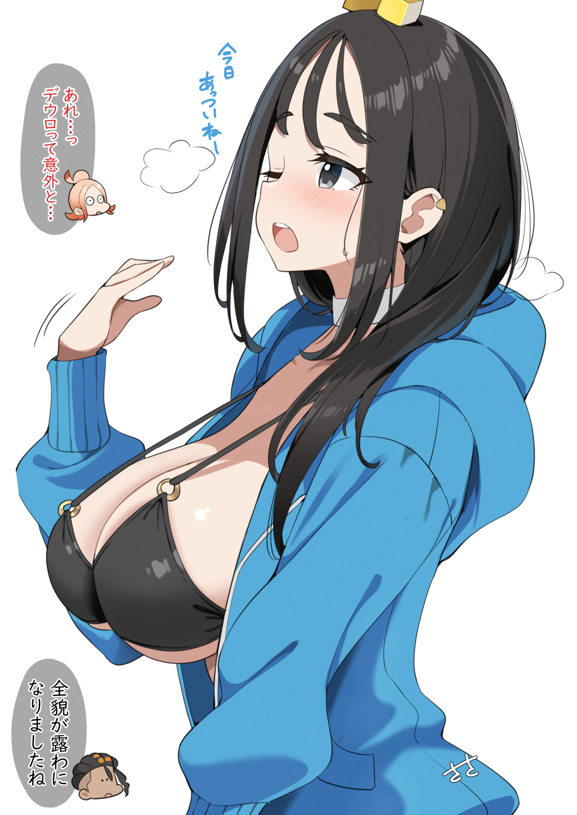1boy, 2girls, bikini, black bikini, black eyes, black hair, blue jacket, boobs, breasts, choker, commentary request, duro (pokemon), fully clothed, highres, jacket, japanese text, large breasts, lida (pokemon), long hair, multiple girls, naveen (pokemon), nintendo, o-ring, o-ring bikini, one eye closed, open clothes, open hoodie, open mouth, pokemon, pokemon legends: z-a, pur (pokemon), sasanon (sasapoliton), swimsuit, taunie (pokemon), tits, townie (pokemon)
