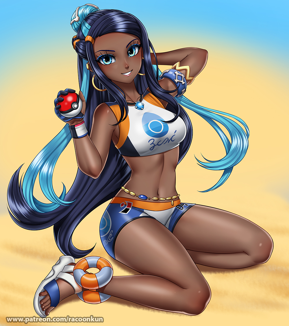 :d, 1girls, 2026, 2d, 2d (artwork), arm behind head, armlet, armpits, artist name, bare arms, bare legs, bare shoulders, beach, belly chain, belt, black hair, blue background, blue eyes, blue eyeshadow, blue gem, blue gloves, blue hair, blue shorts, breasts, dark skin, dark-skinned female, ear piercing, earrings, eyeshadow, female, female only, forehead, full body, gem, gloves, gold armlet, gold earrings, gradient background, grin, hair bun, half gloves, half updo, hand up, holding, holding poke ball, hoop earrings, human, human only, jewelry, lips, long hair, looking at viewer, makeup, midriff, multicolored hair, navel, nessa (pokemon), orange belt, outdoors, partially fingerless gloves, patreon username, piercing, pinup, platform sandals, poke ball, pokemon, pokemon swsh, questionable, racoon-kun, racoonkun, sandals, sfw, shirt, shorts, sidelocks, simple background, single glove, single hair bun, sitting, sleeveless, sleeveless shirt, small breasts, smile, solo, solo female, streaked hair, toenails, toes, two-tone background, two-tone hair, very dark skin, very long hair, web address, white sandals, white shirt, white shorts, wristband, yellow background, yokozuwari