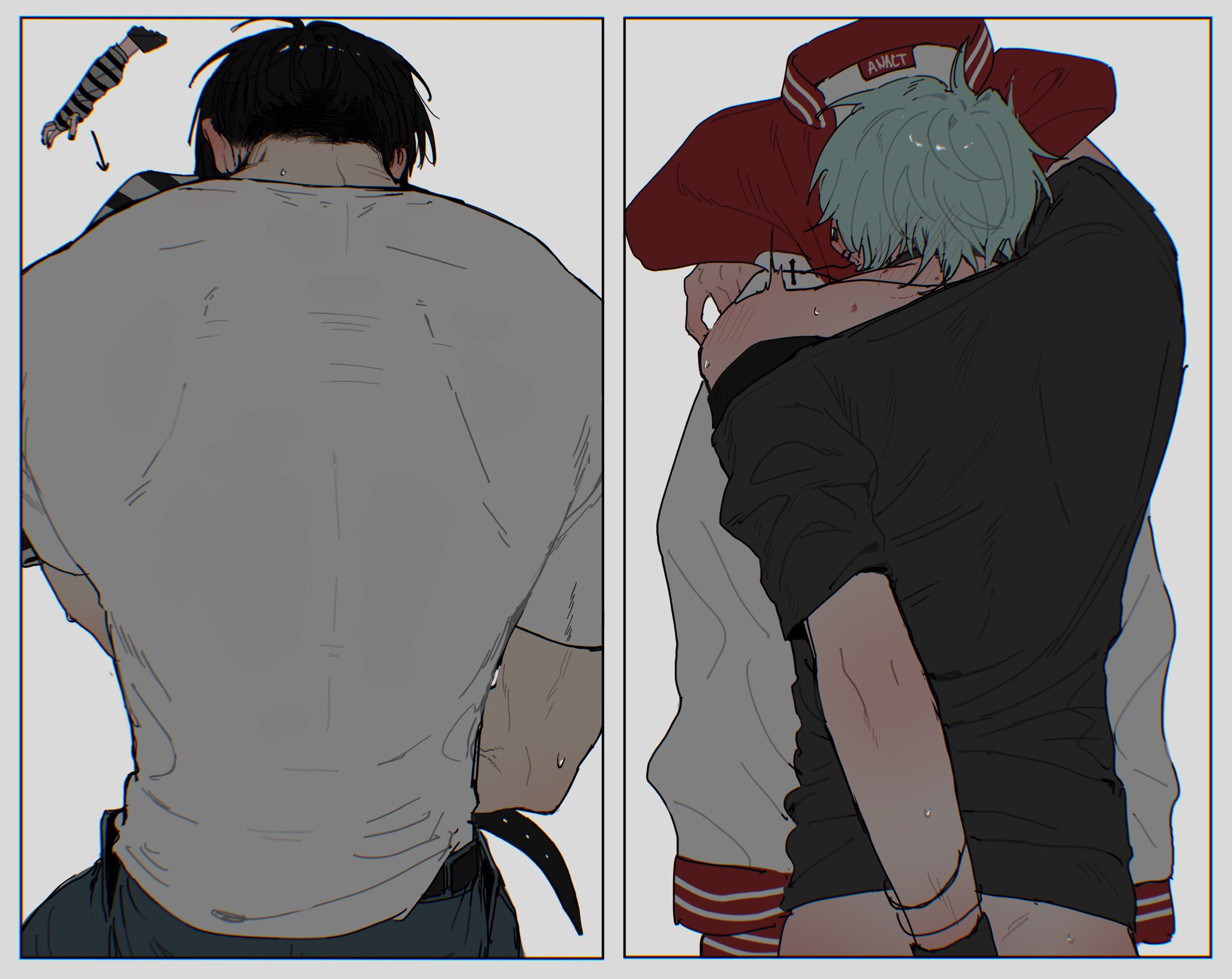 2boys, alien stage, anal fingering, arm warmers, black hair, black shirt, farfarfar555, fingering self, grey hair, holding jacket, ivan (alien stage), male focus, masturbation, red jacket, shirt, smelling, smelling clothes, till (alien stage), white shirt