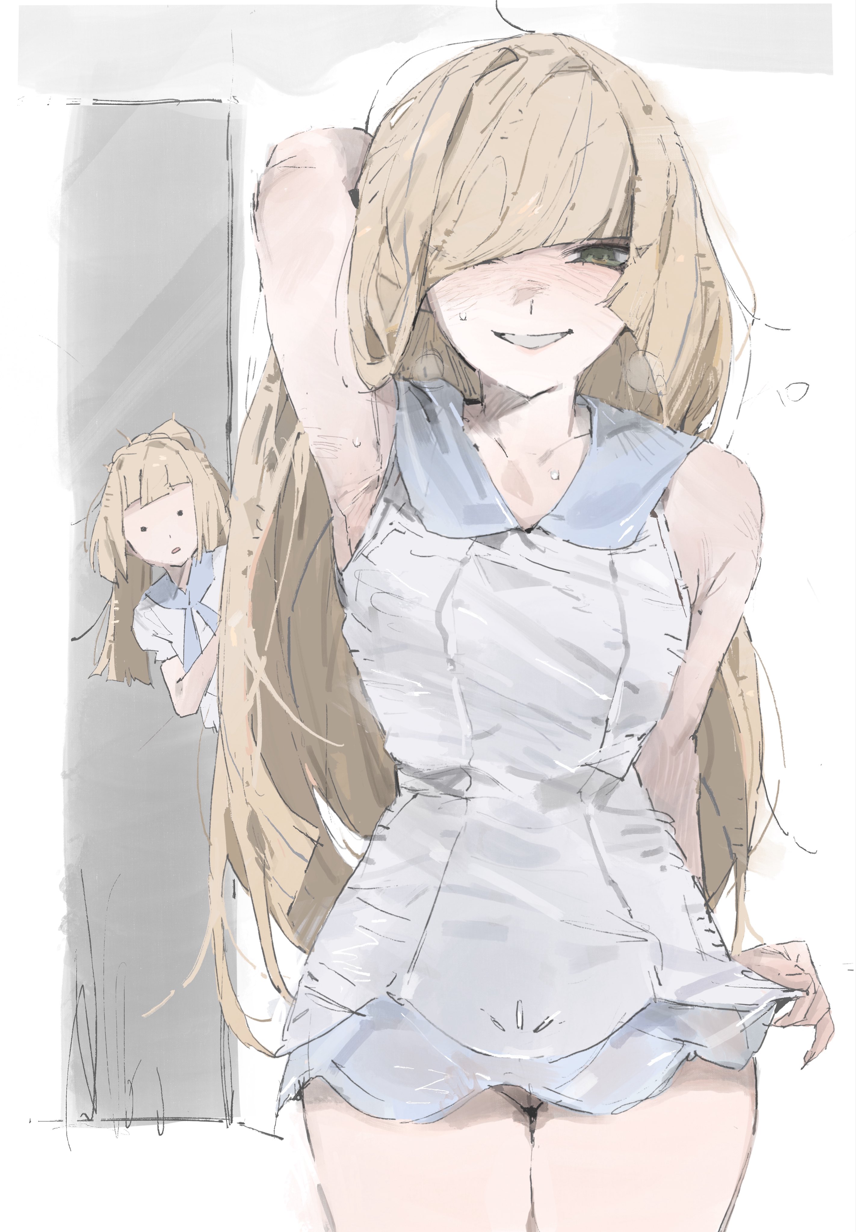 2girls, absurdres, blonde hair, commentary, cosplay, dress, feet out of frame, female, female only, green eyes, hair over one eye, highres, indoors, le (szs0k), lillie (pokemon), lillie (pokemon) (cosplay), long hair, looking at another, looking at viewer, lusamine (pokemon), mother and daughter, multiple girls, nintendo, panties, pokemon, pokemon sm, ponytail, smile, standing, teeth, underwear, white dress