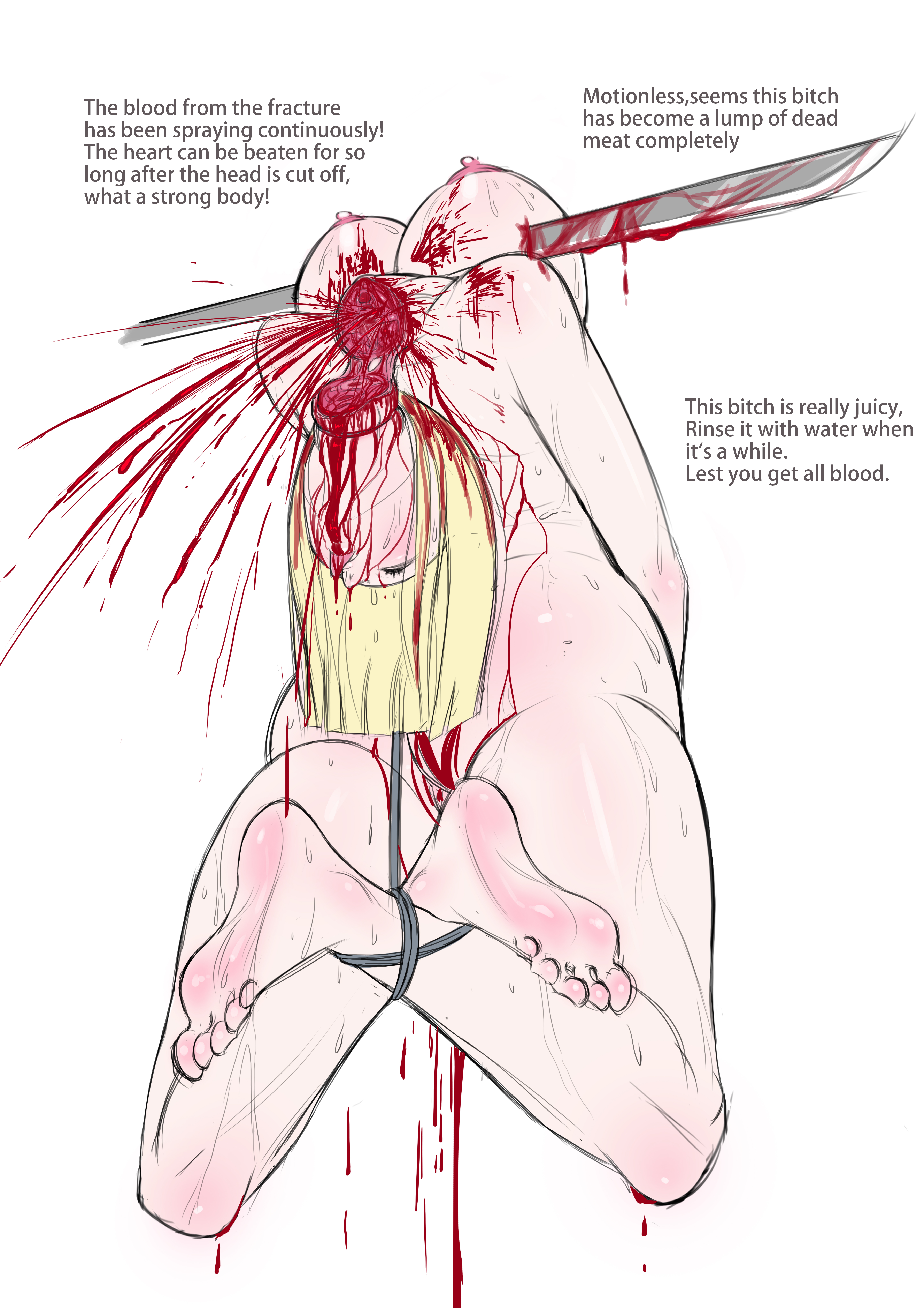 beheading, big breasts, blonde hair, blood, bondage, breasts, dark skin, dark-skinned male, female, flowers&meat, gore, guro, male, naruto, naruto (series), samui, tagme