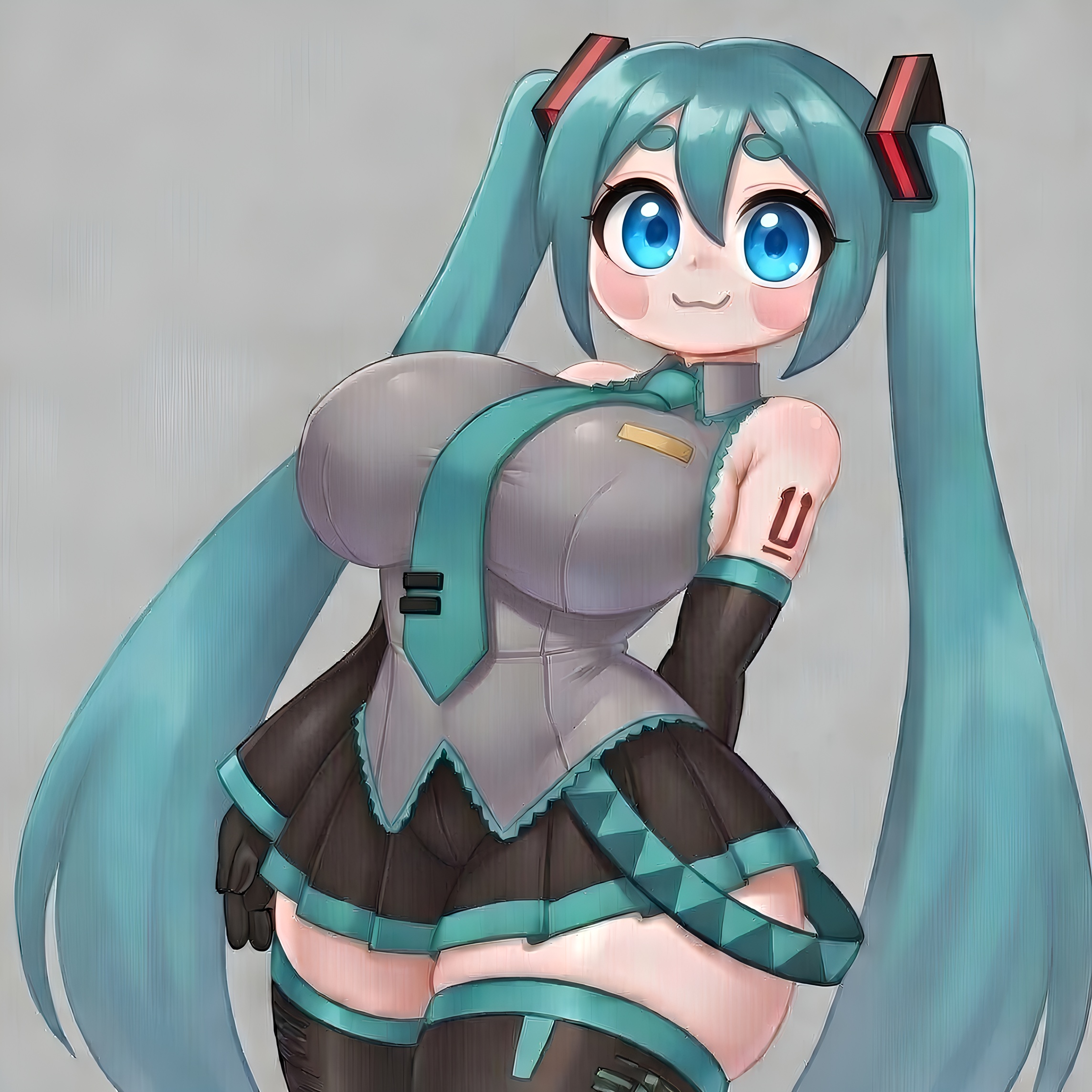 :3, 1girl, alternate breast size, aqua hair, aqua necktie, big breasts, black skirt, blue eyes, breasts, curvy, cute, detached sleeves, female, female only, gloves, grey background, grey shirt, hatsune miku, huge breasts, large breasts, long hair, necktie, pleated skirt, pochi art, shirt, shortstack, skindentation, skirt, sleeveless, sleeveless shirt, solo, tagme, tattoo, thick eyebrows, thick thighs, thighhighs, thighs, twintails, very long hair, wide hips