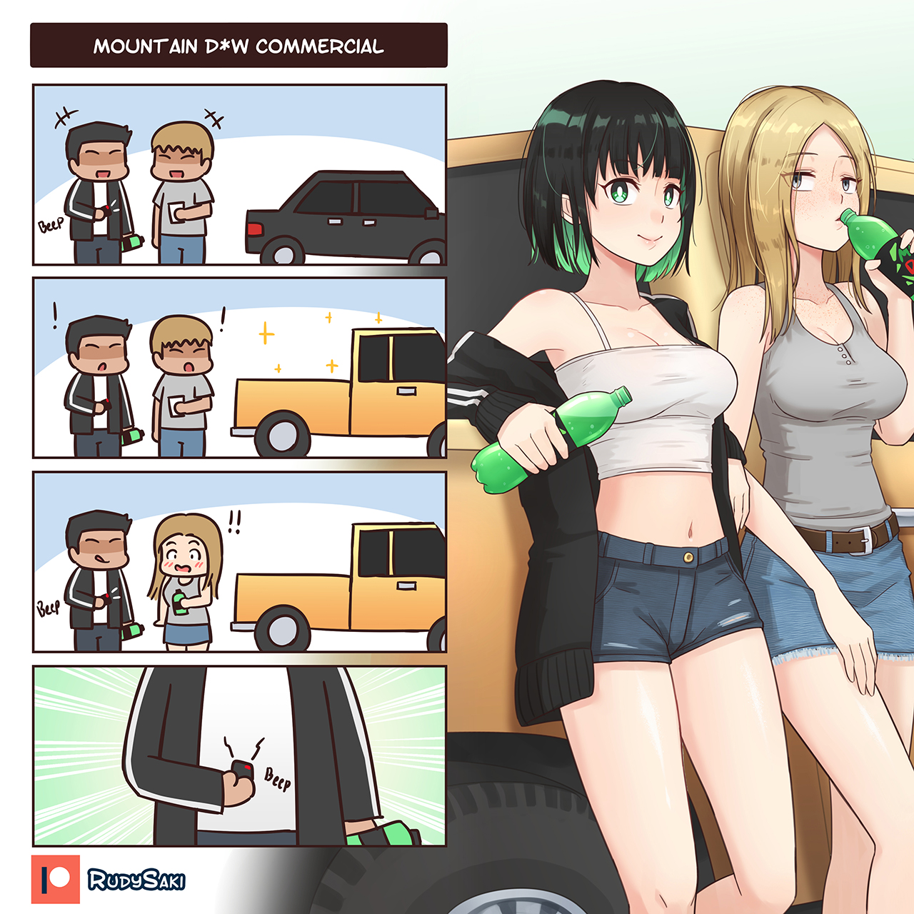 2020s, 2022, 2girls, ass, bare legs, bare midriff, belt, black hair, blonde hair, blue bottomwear, blush, breast expansion, breast growth, breast growth (enlargement), breasts, brown belt, car, denim shorts, denim skirt, english text, female, gender transformation, green eyes, green hair, grey topwear, hair growth, manga, minishorts, mountain dew, mtf transformation, multiple panels, open jacket, original, patreon logo, patreon username, rudy saki, shiny skin, shorts, skirt, tagme, tank top, tomboy, transformation, transformation sequence, tsf 4-koma, two-tone hair, white topwear