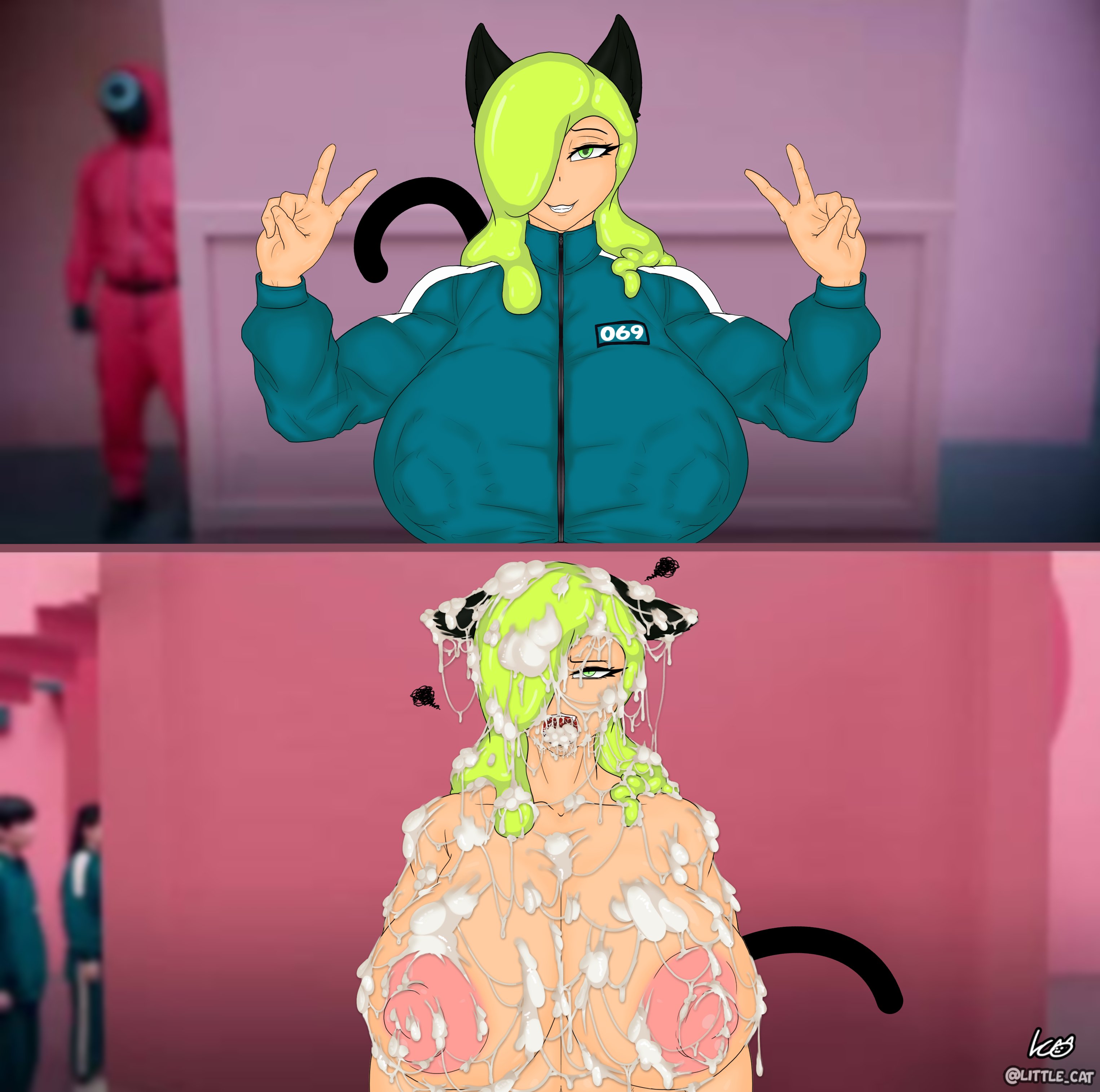 1girls, 69, 69 (number), big breasts, breasts, cum, cum drip, cum everywhere, cum in mouth, cum on breasts, cum on face, excessive cum, female, female focus, giant breasts, gigantic breasts, huge breasts, large breasts, little cat, massive breasts, meme, meow (little cat), nipples visible through clothing, peace sign, sketch, squid game, v