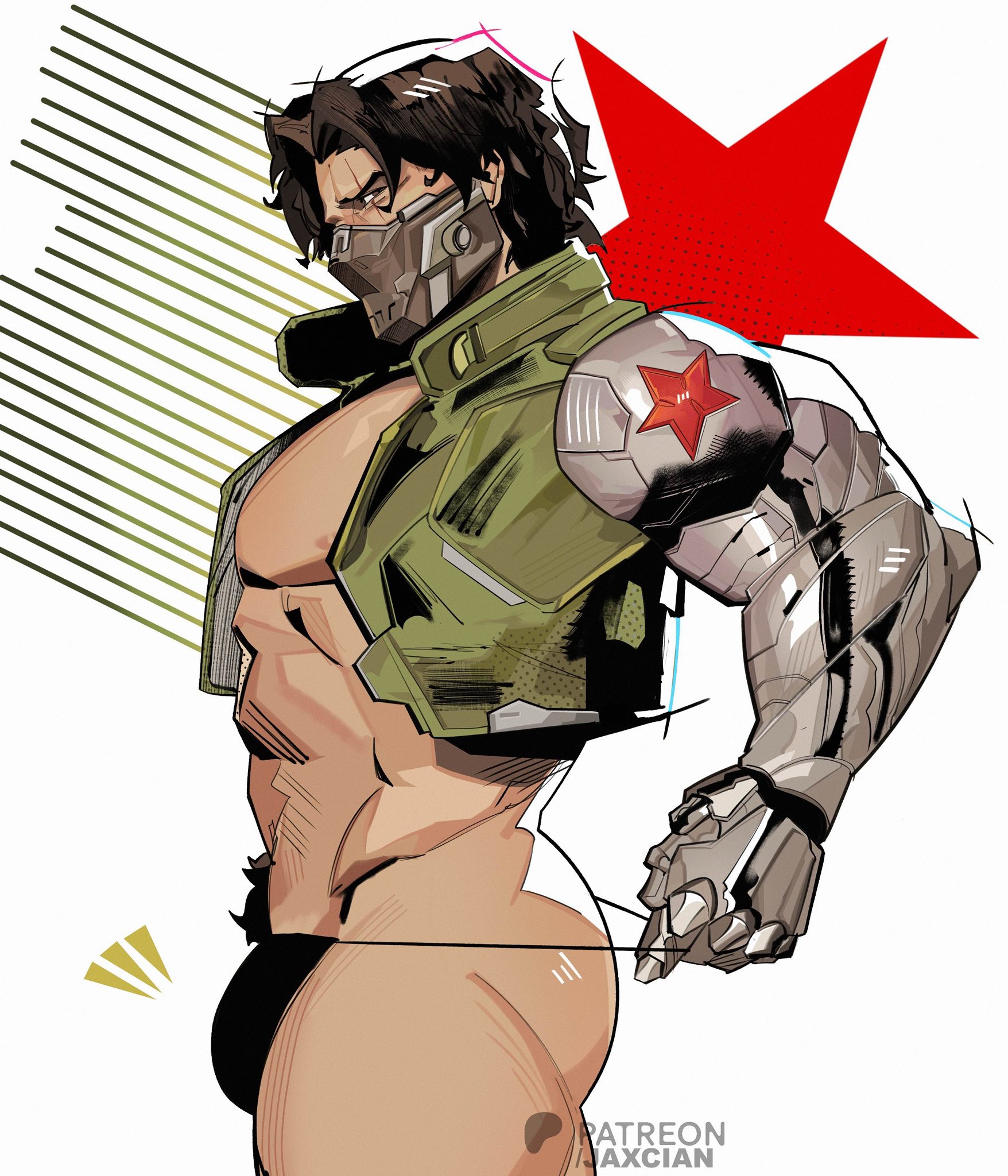 2d, 2d (artwork), bucky barnes, captain america (series), digital art, gay, happy trail, human, human male, jacket, jacket only, jacket open, jaxcian, male, male only, marvel, marvel rivals, muscular, muscular male, pubic hair, solo, solo focus, solo male, tease, thong, thong underwear, winter soldier