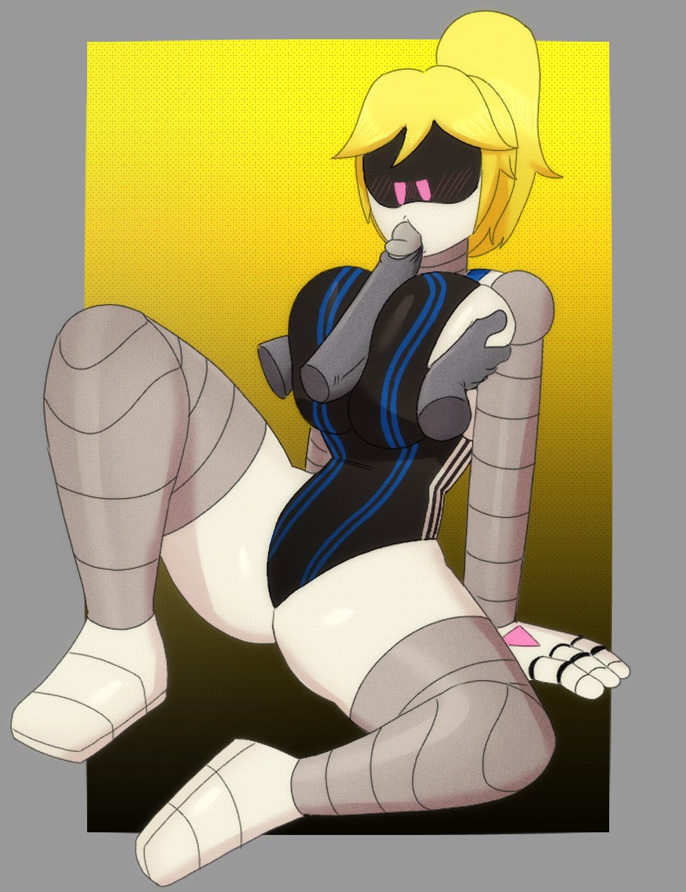 abrahamslapper, big breasts, blonde hair, blowjob, blush, breast grab, disembodied hands, disembodied penis, female, leotard, lizzy (murder drones), murder drones, paizuri, pink eyes, robot girl, robot joints, straight, thick thighs, visor eyes