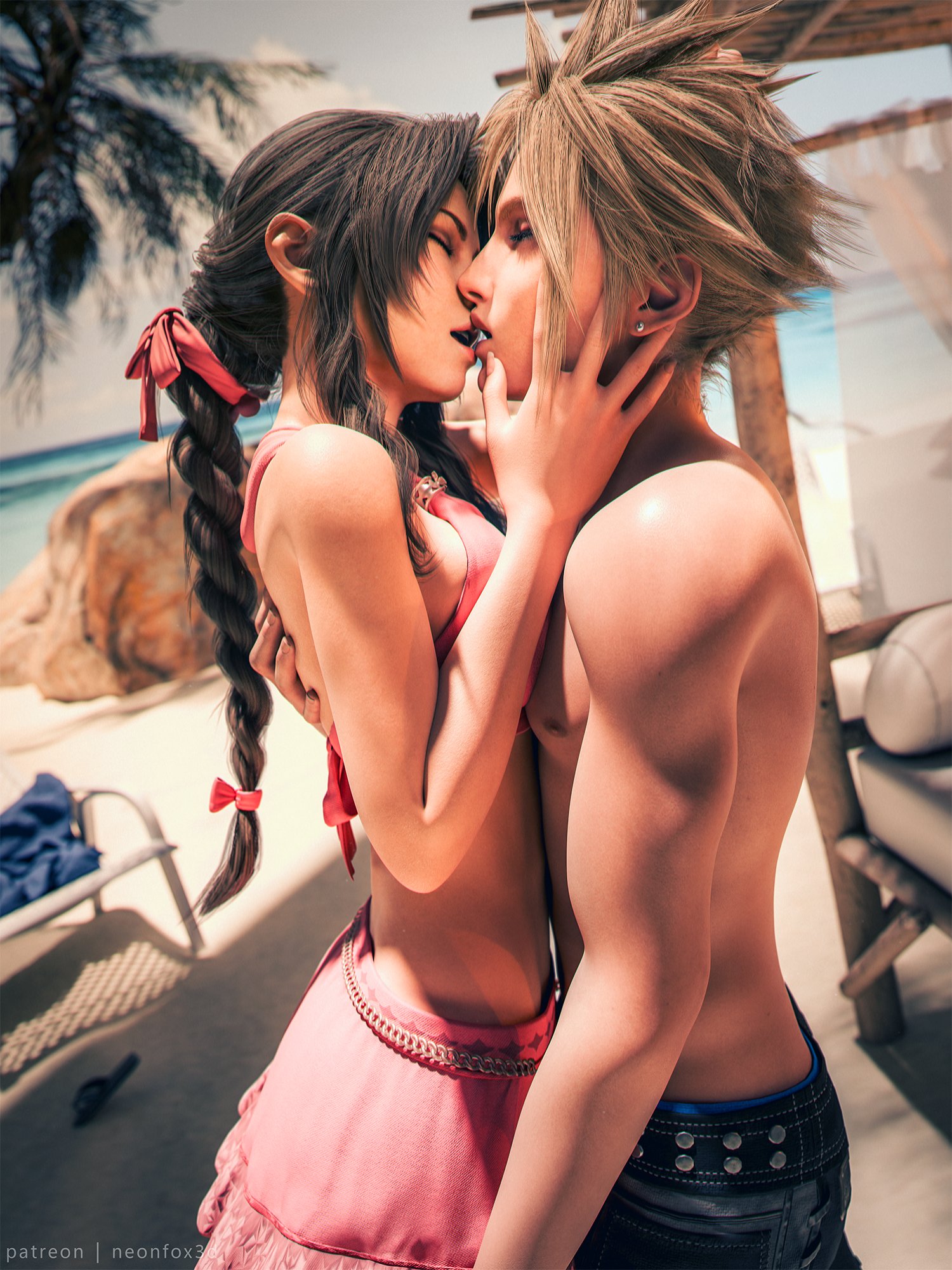 1boy, 1girls, 2026, 3d, aerith gainsborough, aerith gainsborough (pink mermaid), bikini, braid, braided hair, breasts, closed eyes, cloud strife, couple, duo, female, final fantasy, final fantasy vii, final fantasy vii remake, hand around back, hand on chin, kissing, light brown hair, long hair, makeup, male, medium breasts, neonfox3d, official alternate costume, outdoors, ribbon, ribbon in hair, romance, skirt, standing, straight, swim shorts, swimwear, tropical setting, very long hair