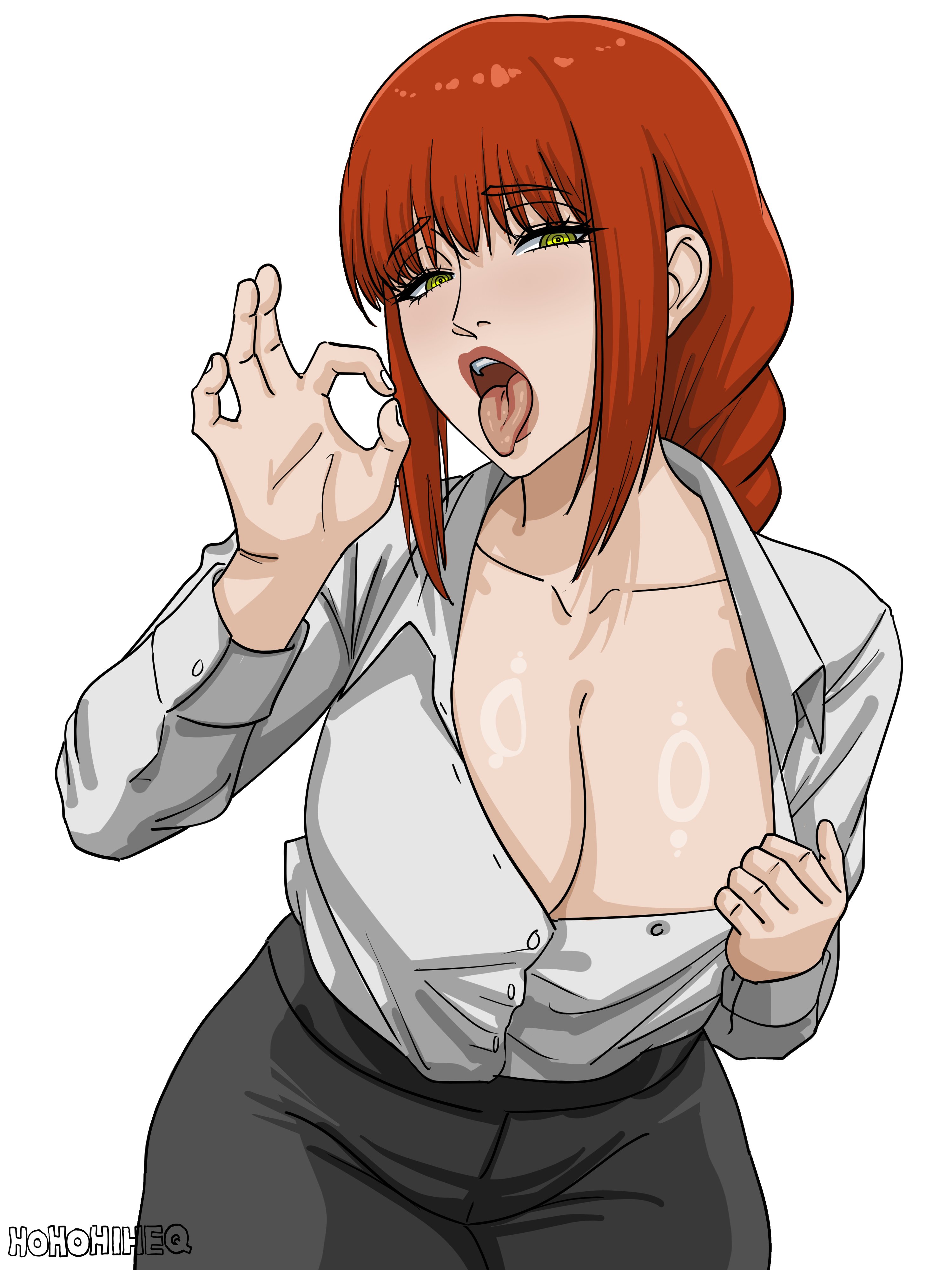 chainsaw man, hohohiheq, makima (chainsaw man), oral invitation, red hair, tagme, yellow eyes