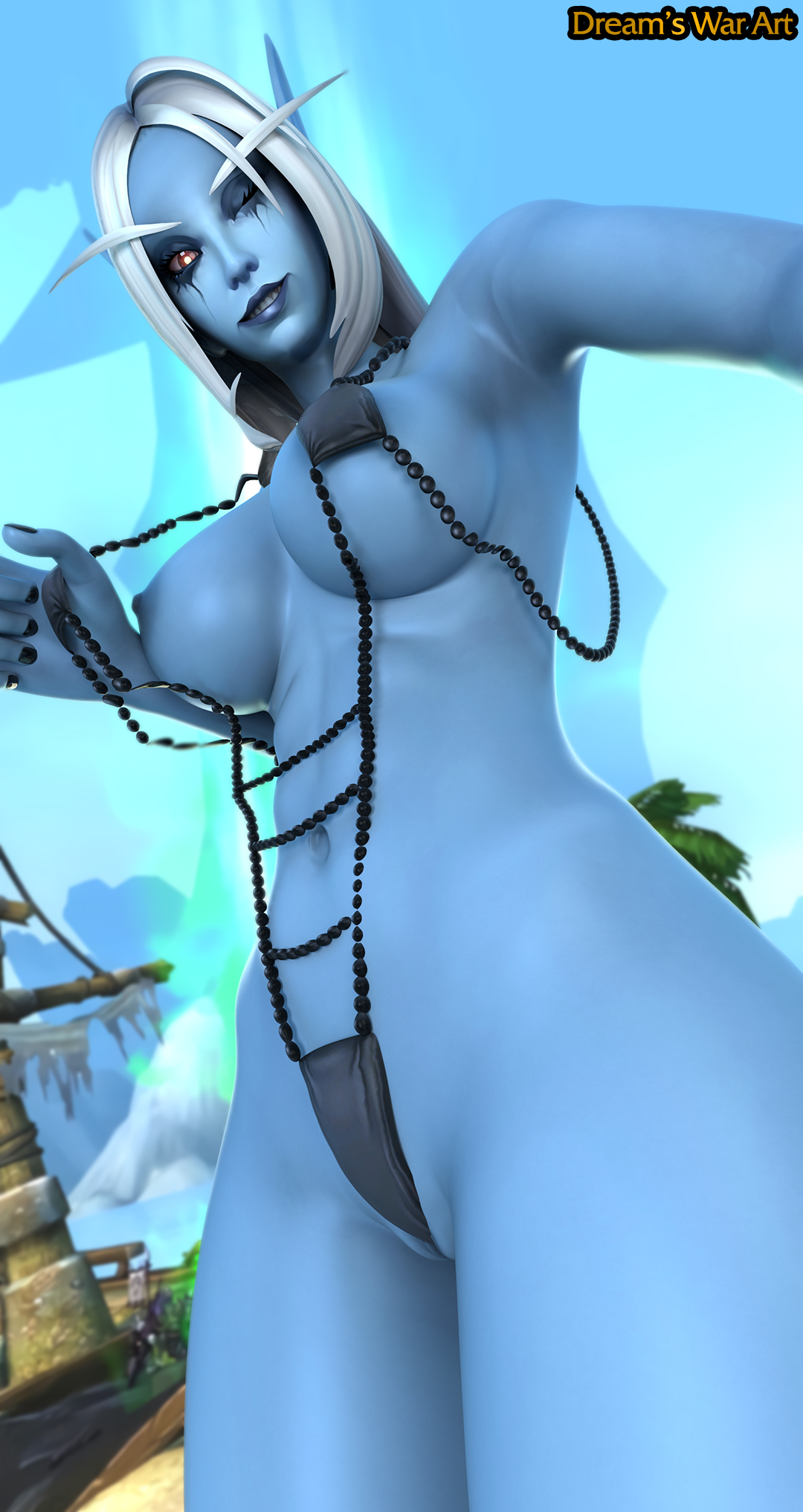 3d, 3d (artwork), abs, beach, bikini, dreamswarart, elf, elf ears, female, female only, flashing, forsaken, nipple slip, pointy ears, pov, pussy, red eyes, selfie, sylvanas windrunner, undead, warcraft, white hair, world of warcraft