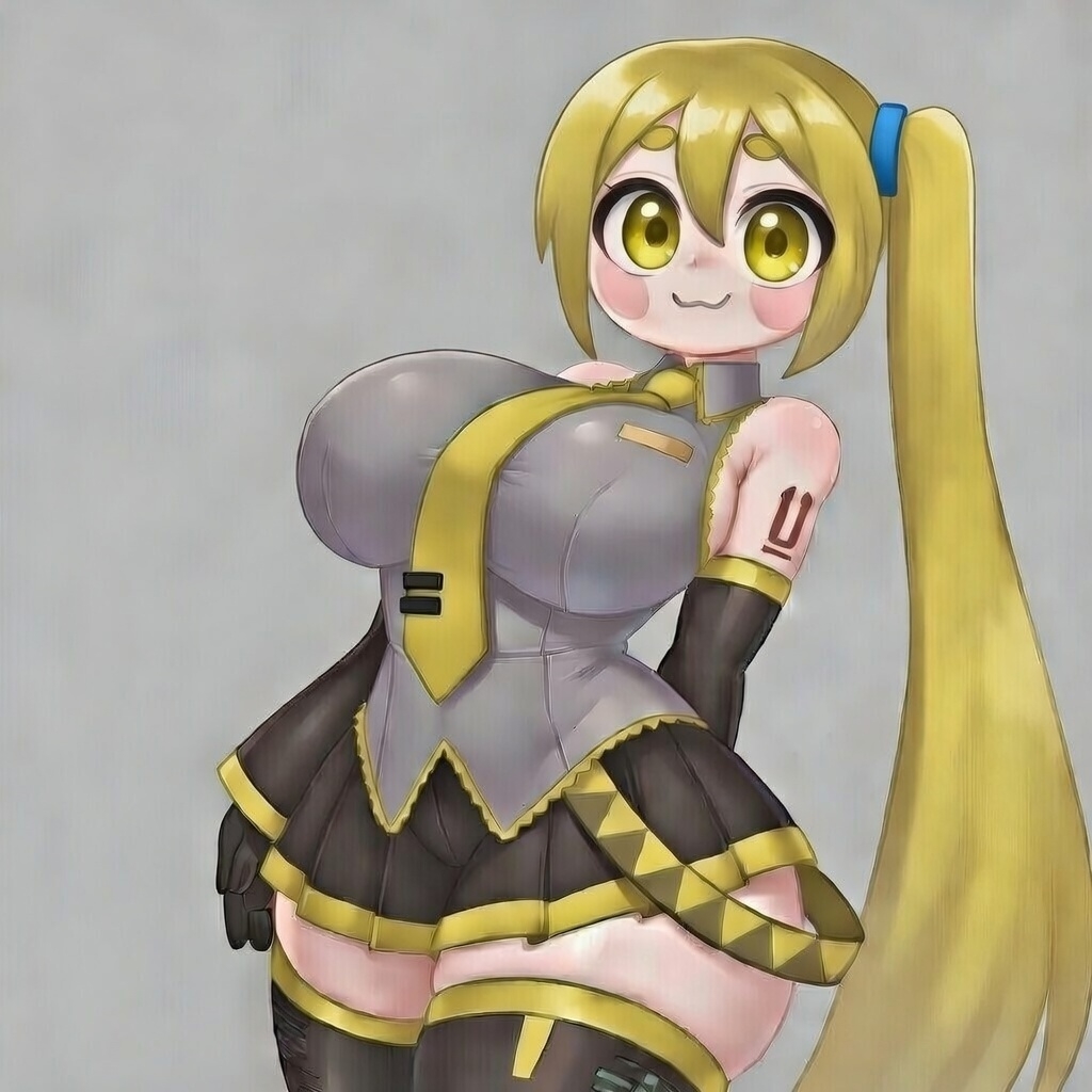 :3, akita neru, blush, blushing, breasts, female, female only, large breasts, looking at viewer, mostly clothed, pochi art, side ponytail, sideboob, tagme, thighhighs, vocaloid, yellow eyes, yellow hair