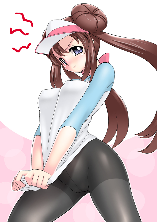 1girls alternate_breast_size blue_eyes blush bottomless bow breasts brown_hair double_bun erect_nipples fat_mons female female_only human impossible_clothes impossible_shirt large_breasts light-skinned_female light_skin long_hair nintendo pantyhose pokemon pokemon_bw2 pussy raglan_sleeves rosa_(pokemon) sakura_ryuuken shirt_tug solo straight_hair tied_hair twintails visor_cap