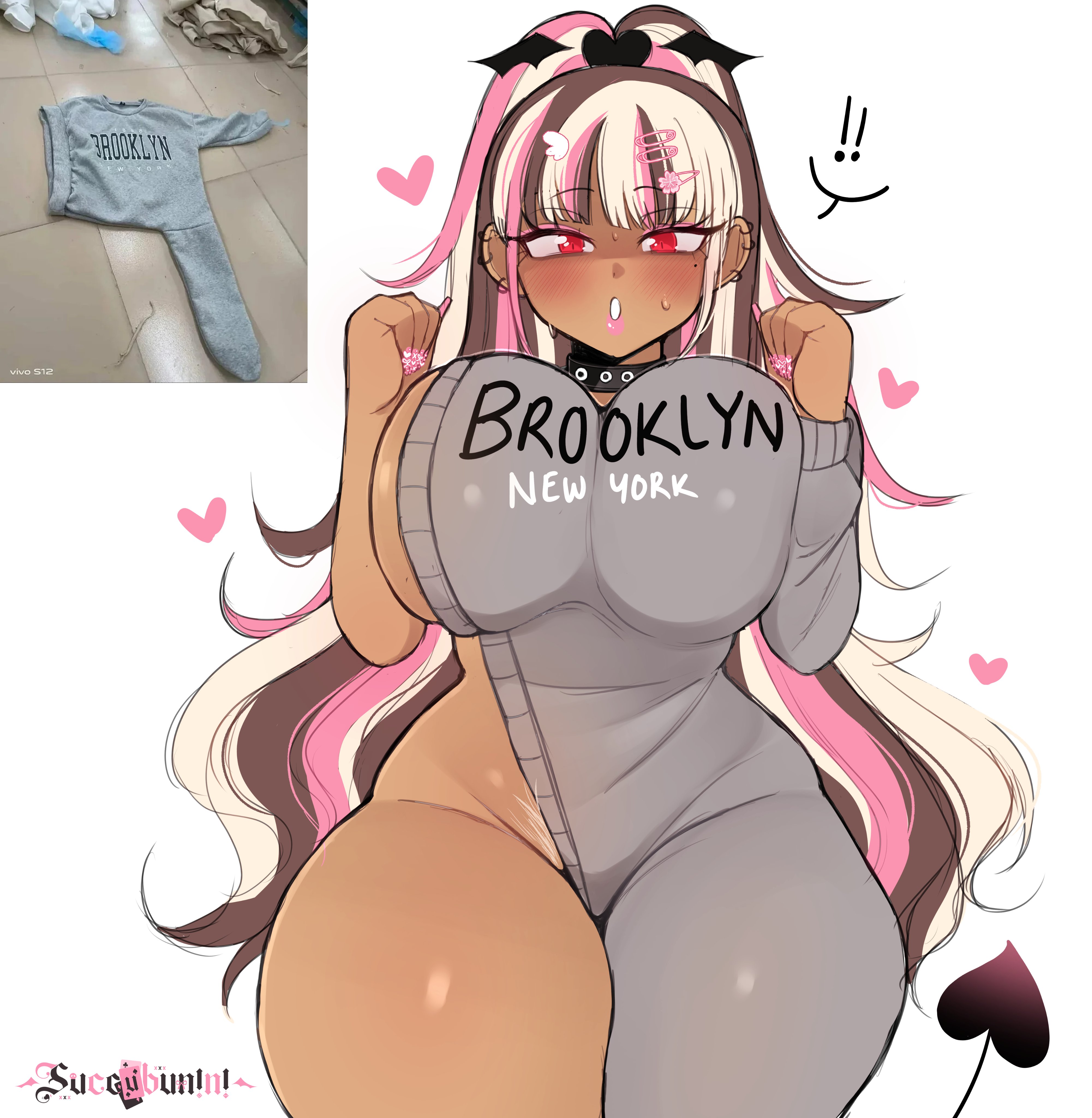 1girls, absurd res, blonde hair, breasts, brooklyn sweater, brown hair, cinnabus, dark skin, dark-skinned female, female, female focus, female only, indie virtual youtuber, large breasts, long hair, looking at viewer, original, original character, pink hair, red eyes, reference image, solo, succubunini, succubus, succubus tail, tail, thick thighs, thighs, three-tone hair, virtual youtuber, white background, wide hips