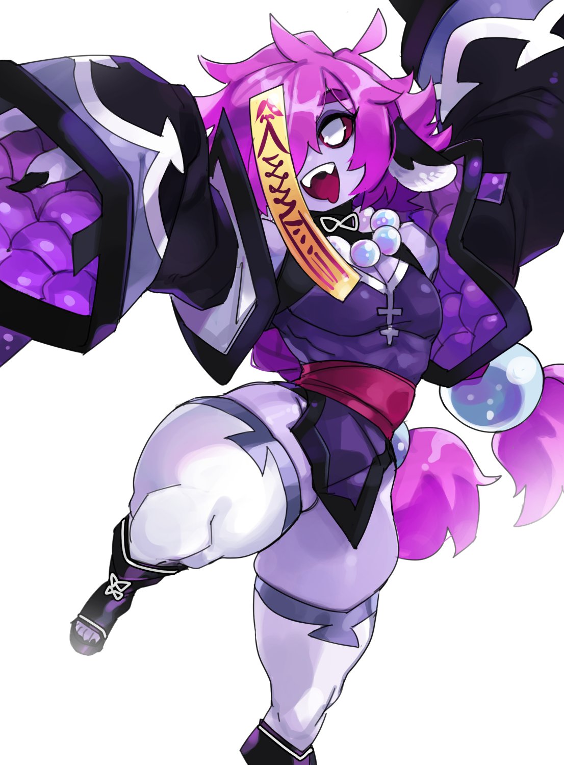 1boy, bao bao (kittbetelgeuse), big thighs, chinese clothes, chinese mythology, fangs, femboy, hair over one eye, hi res, huge thighs, jiangshi, legwear, long hair, male, male only, ofuda, open mouth, pearl necklace, pink hair, platform sandals, pose, purple skin, red sclera, solo, solo male, standing on one leg, thick thighs, white background, white eyes, white legwear, zanamaoria, zombie