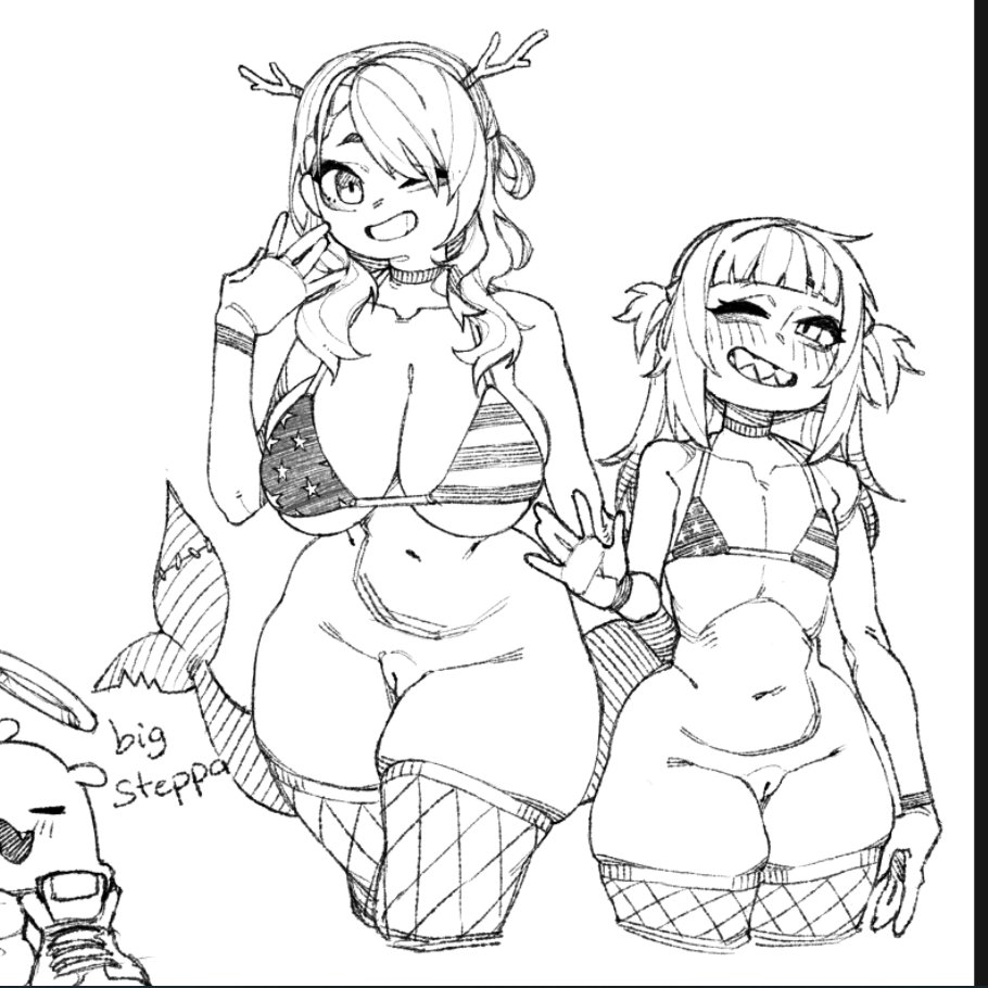 2girls, american flag bikini, armband, belly, belly button, big breasts, bikini, boobs, boots, breasts, ceres fauna, choker, clothed, clothed female, fan mascot (vtuber), fishnet legwear, fishnets, flat chest, gawr gura, halo, hololive, hololive english, horns, long hair, makinakid, mascot, one eye closed, partially clothed, partially clothed female, petite, pussy, shark girl, shark tail, sharp teeth, shoes, short hair, simple background, size difference, small breasts, smile, smiling, standing, stomach, tail, takodachi, takodachi (ninomae ina'nis), taller female, thick thighs, thighs, vagina, virtual youtuber, vtuber, waving, white background, wink