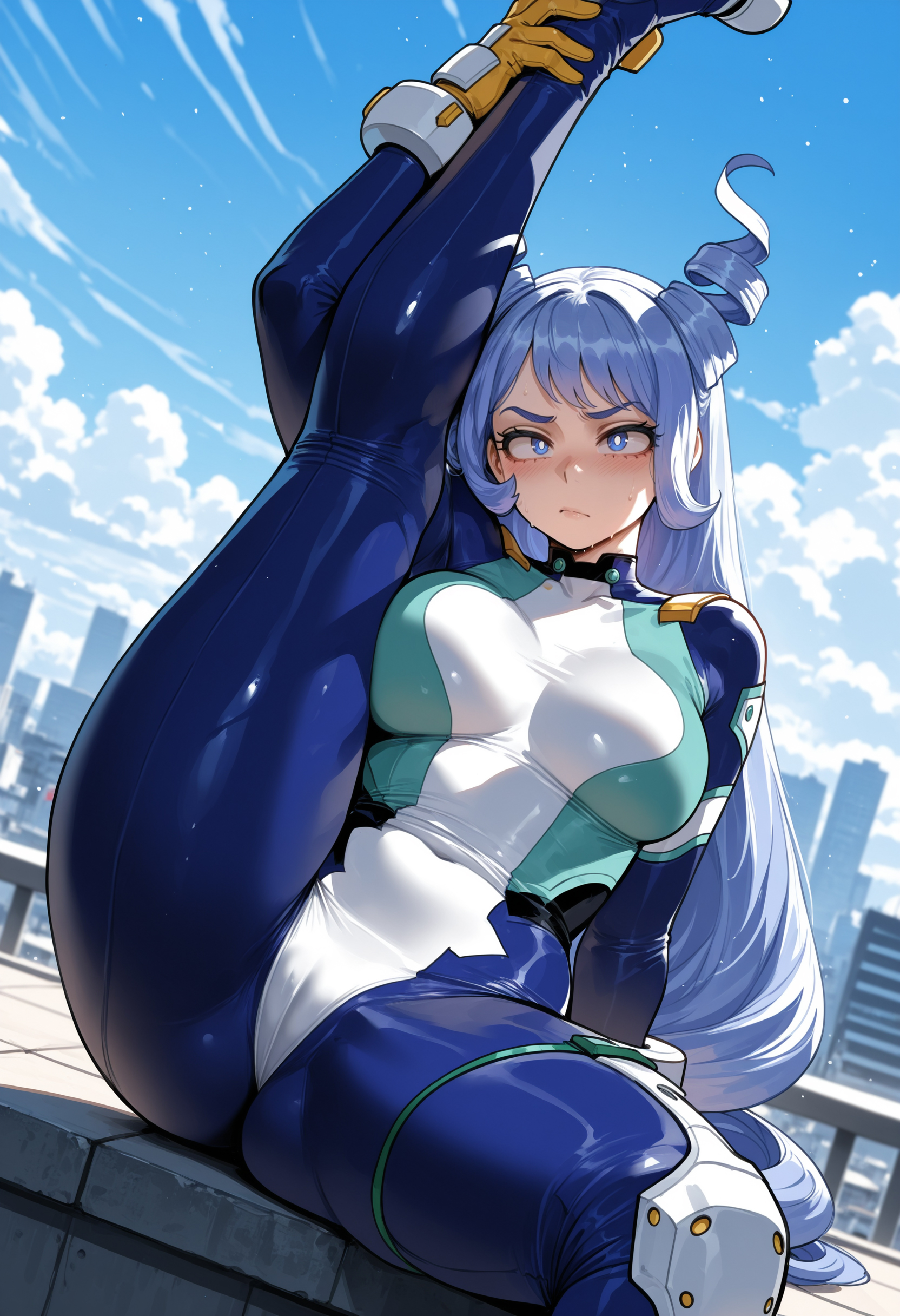 ai generated, big ass, big breasts, big butt, big thighs, blue eyes, blue hair, boku no hero academia, city background, cute, female, female only, hadou nejire, hero outfit (mha), huge ass, huge breasts, huge butt, huge thighs, leg up, miyuai, my hero academia, nejire hado, nejire hado (hero outfit), periwinkle hair, royal blue eyes, sexy, sexy body, solo, superheroine, thick, thick ass, thick butt, thick legs, thick thighs, tight clothing, tight fit