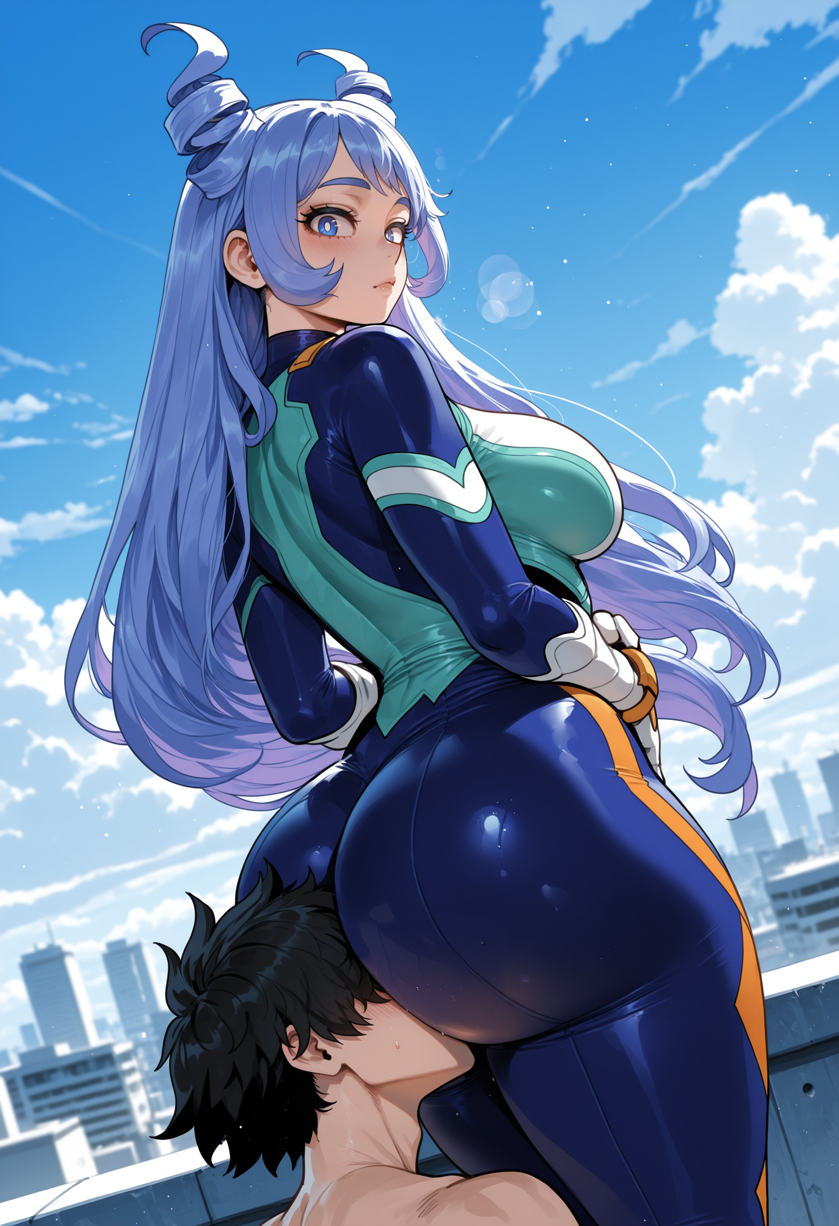 ai generated, ass on face, big ass, big breasts, big butt, big thighs, blue eyes, blue hair, boku no hero academia, city background, cute, eating ass, face in ass, hadou nejire, hero outfit (mha), huge ass, huge breasts, huge butt, huge thighs, miyuai, my hero academia, nejire hado, nejire hado (hero outfit), periwinkle hair, royal blue eyes, sexy, sexy body, superheroine, thick, thick ass, thick butt, thick legs, thick thighs, tight clothing, tight fit