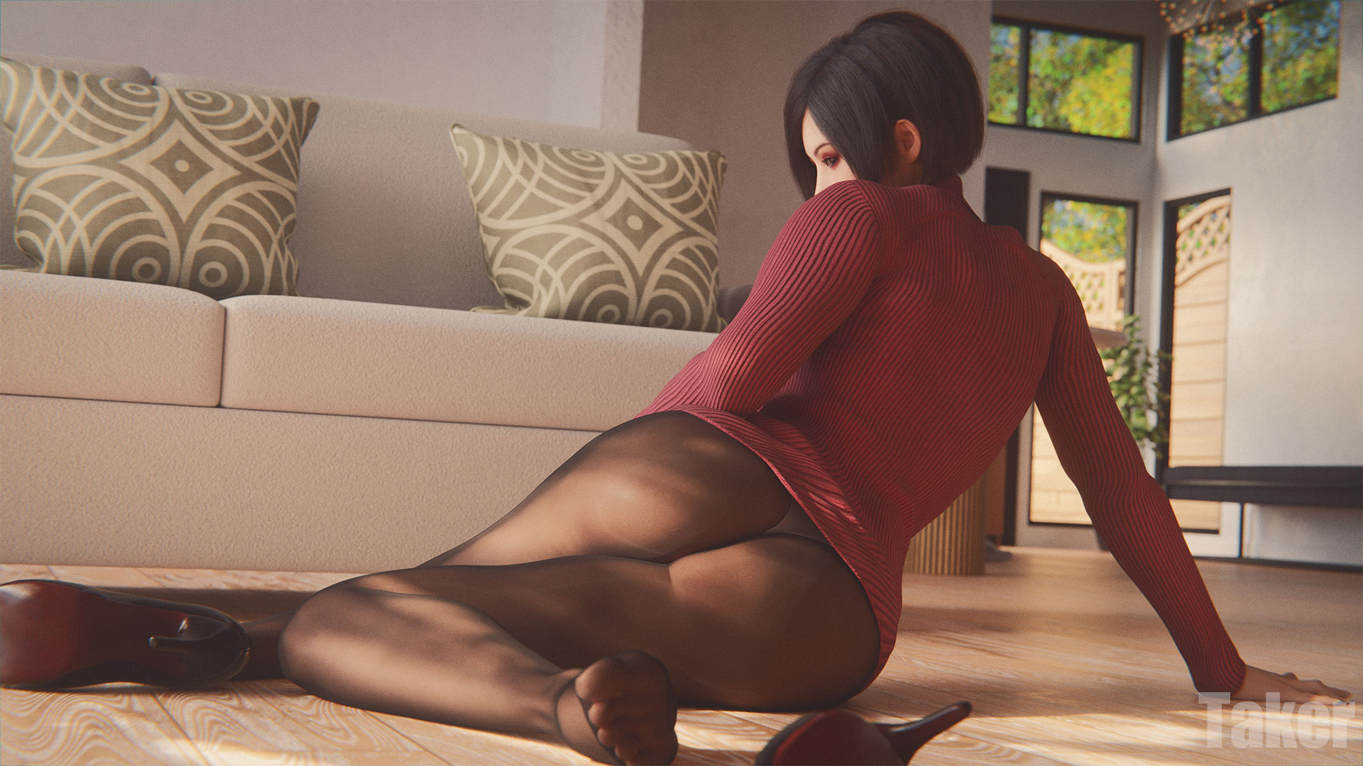 1girls, 2026, 3d, ada wong, ada wong (adriana), alternate version available, ass, ass shot, biohazard, black hair, brown eyes, clothed, clothed female, dress lift, eyeshadow, female, female only, high heels, image set, indoors, laying down, laying on side, leaning on hand, long eyelashes, long sleeves, looking at viewer, mascara, no nude, no nudity, non nude, non-nude, one shoe on, panties, pantyhose, rear view, red bottom heels, resident evil, resident evil 2, resident evil 2 remake, resident evil 4, resident evil 4 remake, shoe removed, short hair, soles, solo, sweater, sweater dress, takerskiy, toes, turtleneck, turtleneck sweater