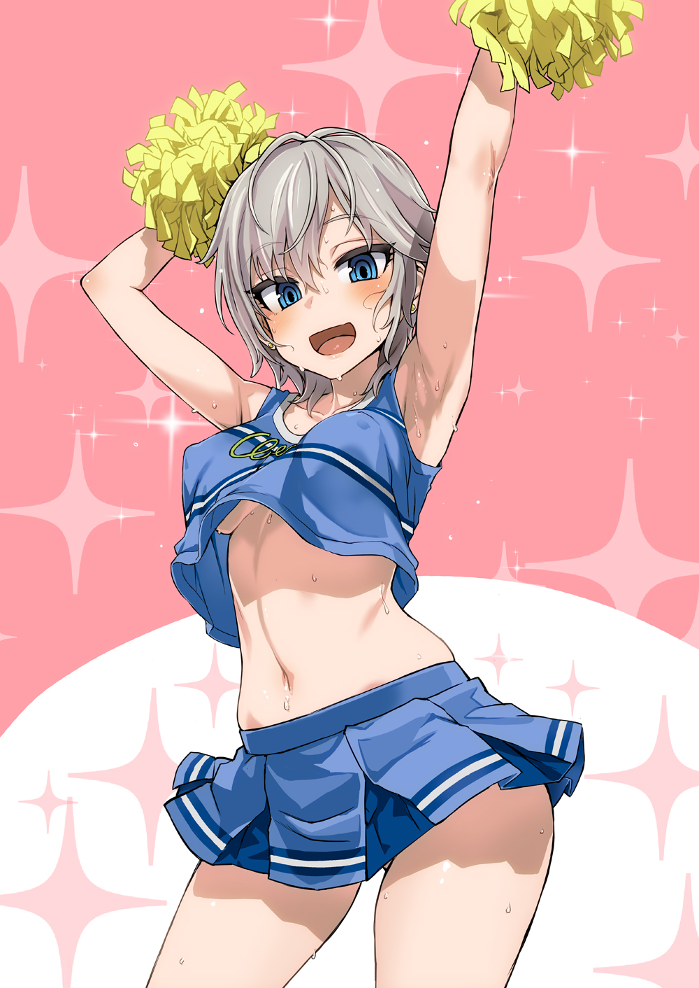 10s :d anastasia_(idolmaster) armpits arms_up asanagi blue_eyes blush breasts cheerleader contrapposto covered_erect_nipples cowboy_shot crop_top crop_top_overhang earrings eyebrows_visible_through_hair female female_only highres idolmaster idolmaster_cinderella_girls jewelry looking_at_viewer midriff navel no_bra open_mouth pom_pom_(cheerleading) short_hair silver_hair skirt smile solo sparkle standing stud_earrings sweat underboob