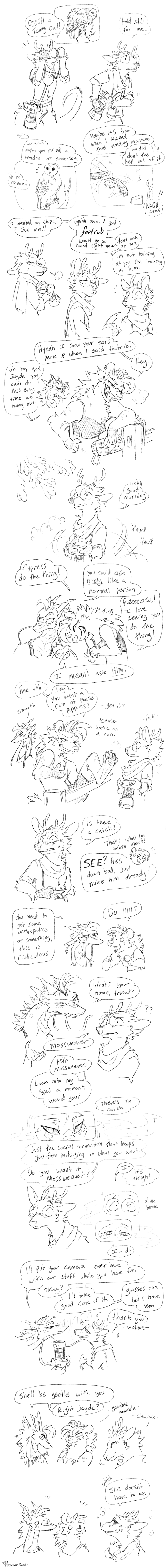 2026 4_toes absurd_res animal_genitalia anthro antlers avian barefoot binoculars bird black_and_white blush camera cloaca comic cypress_(pineconepaladin) deer dialogue digitigrade dominant dominant_female dragon ear_piercing english_text eyewear feet female fence flying foot_fetish frustrated fur furred_kobold furred_scalie genitals glasses group hi_res hindpaw horn hybrid hyena hypnosis hypnotic_eyes jayde_(pineconepaladin) kobold line_art long_image male mammal mind_control monochrome mossweaver mythological_creature mythological_scalie mythology nervous owl pawpads paws piercing pineconepaladin plant ringed_eyes round_glasses scalie scarf signature simple_background speech_bubble strix_(genus) submissive submissive_male tail tail_motion tailwag tall_image tawny_owl text toes tree trio true_owl white_background