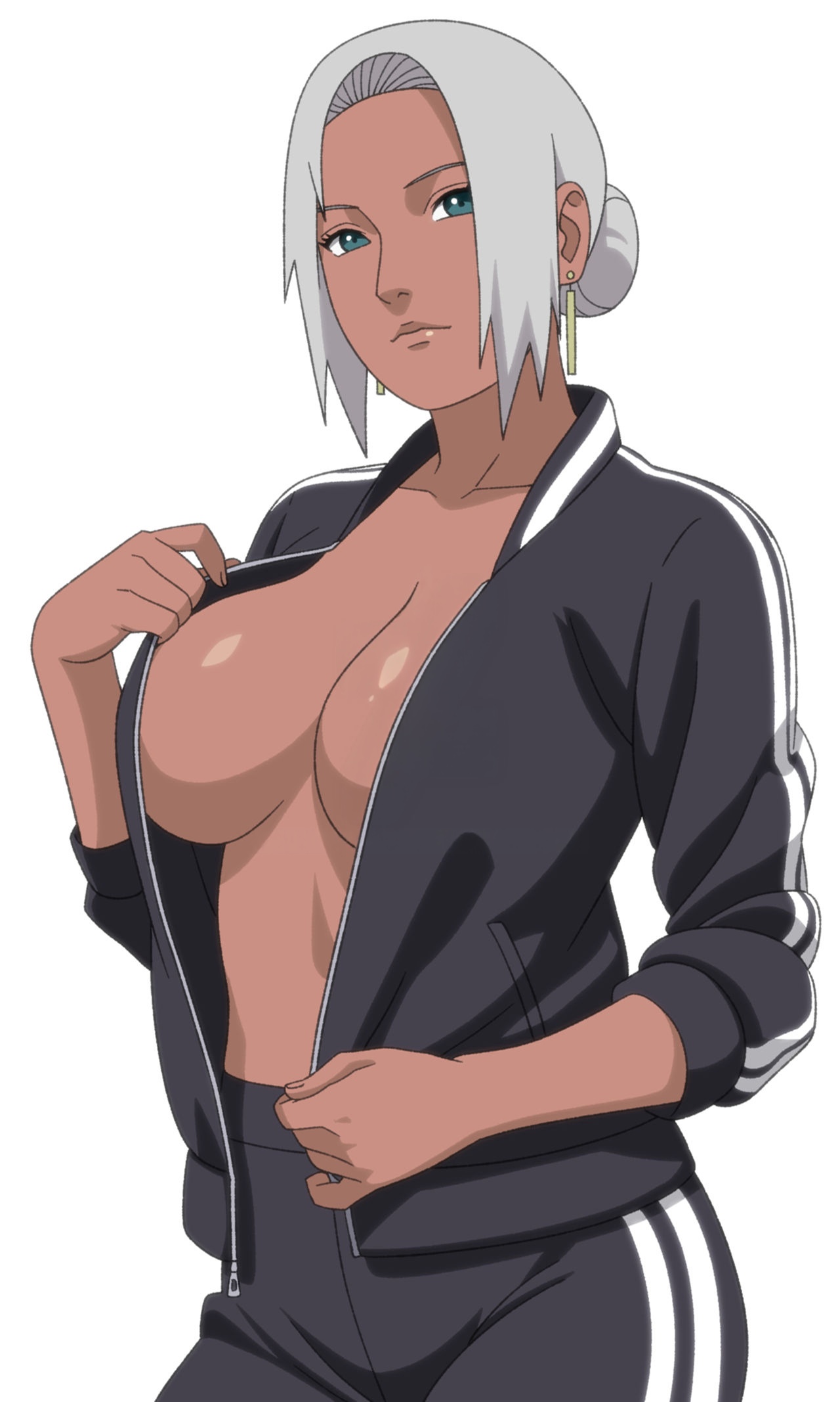 1girls, accurate art style, alternate costume, big breasts, breasts, brown skin, busty, cleavage, clothing, dark skin, dark-skinned female, female, female only, hair bun, hourglass figure, huge breasts, jacket, jumpsuit, kiripetals, large breasts, mabui, mature, mature female, midriff, naruto, naruto (series), naruto shippuden, navel, no bra, no bra under clothes, oppai, pants, pinup, plain background, plump, sagging breasts, simple background, single hair bun, solo, swept bangs, tied hair, top heavy, top heavy breasts, track jacket, track pants, track suit, undressing, voluptuous, voluptuous female, white background, white hair, workout clothes