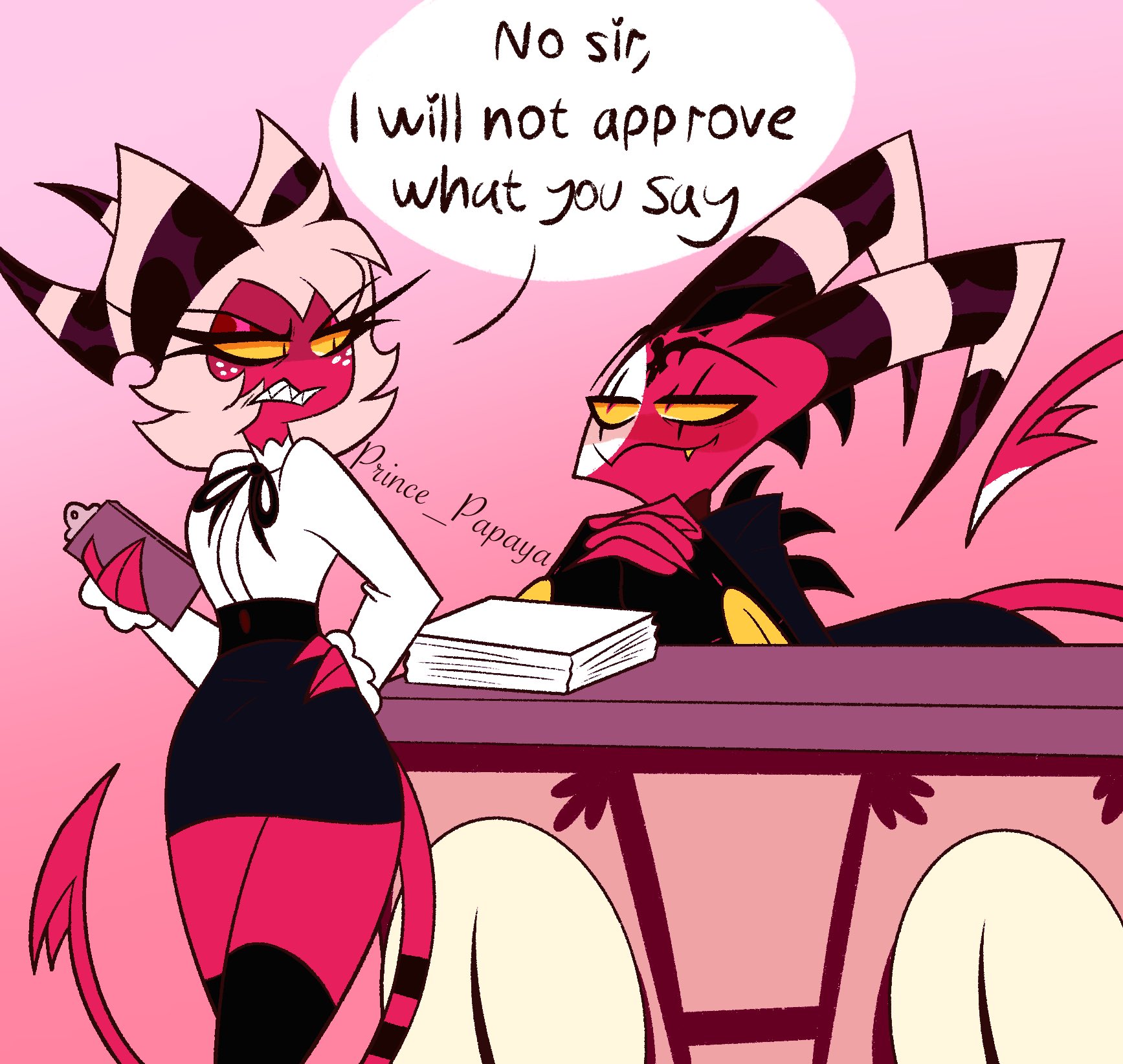 blitzo (helluva boss), crossdressing, demon, demon boy, demon horns, demon tail, english text, femboy, helluva boss, imp, moxxie (helluva boss), prince papaya, red body, red skin, secretary, sexy, tagme, text, text bubble