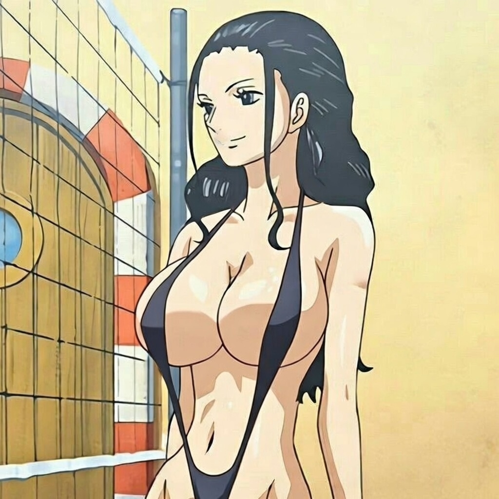 1girls, accurate art style, big breasts, bikini, black hair, black-haired female, breasts, edit, edited screencap, female, female only, nico robin, one piece, one piece film gold, screencap edit, screenshot edit, sling bikini, slingshot swimsuit, solo, solo female, solo focus
