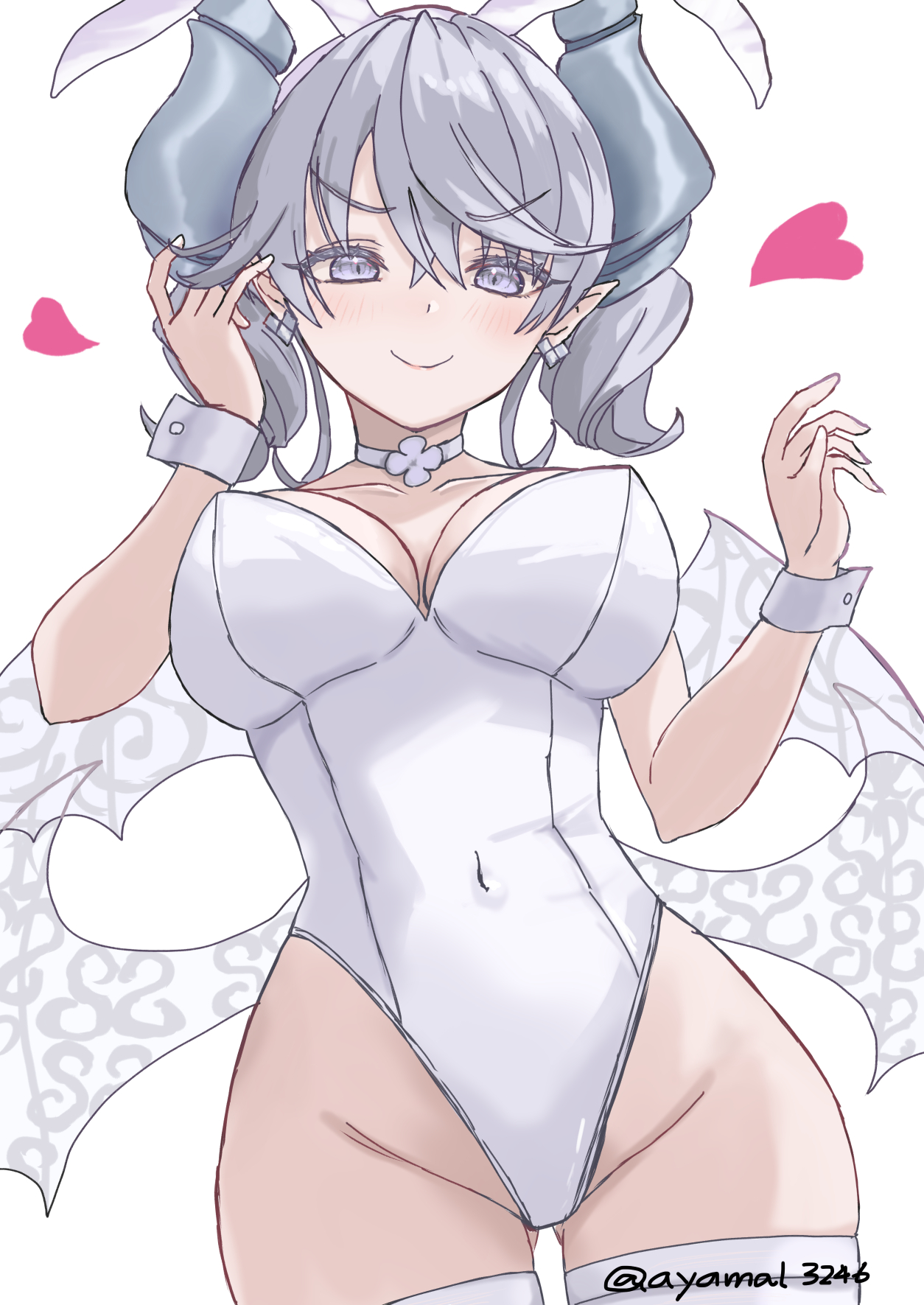:), 1girls, ayamal3246, blush, breasts, bunny ears, bunnysuit, closed mouth, collar, demon, demon girl, demon horns, duel monster, earrings, embarrassed, female, female only, heart, heart symbol, hi res, horns, konami, labrynth of the silver castle, legwear, leotard, looking at viewer, looking down, lovely labrynth of the silver castle, navel, necklace, one arm behind head, one arm up, pointy ears, pose, queen, seductive, silver eyes, smile, solo, standing, thighs, twin drills, twintails, white hair, wings, yu-gi-oh!, yu-gi-oh! master duel