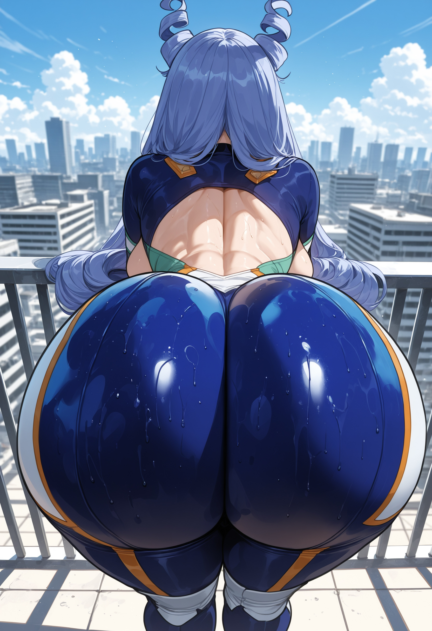 ai generated, ass, ass focus, big ass, big breasts, big butt, big thighs, blue eyes, blue hair, boku no hero academia, city background, cute, female, female only, hadou nejire, hero outfit (mha), huge ass, huge breasts, huge butt, huge thighs, miyuai, my hero academia, nejire hado, nejire hado (hero outfit), periwinkle hair, royal blue eyes, sexy, sexy body, solo, superheroine, thick, thick ass, thick butt, thick legs, thick thighs, tight clothing, tight fit