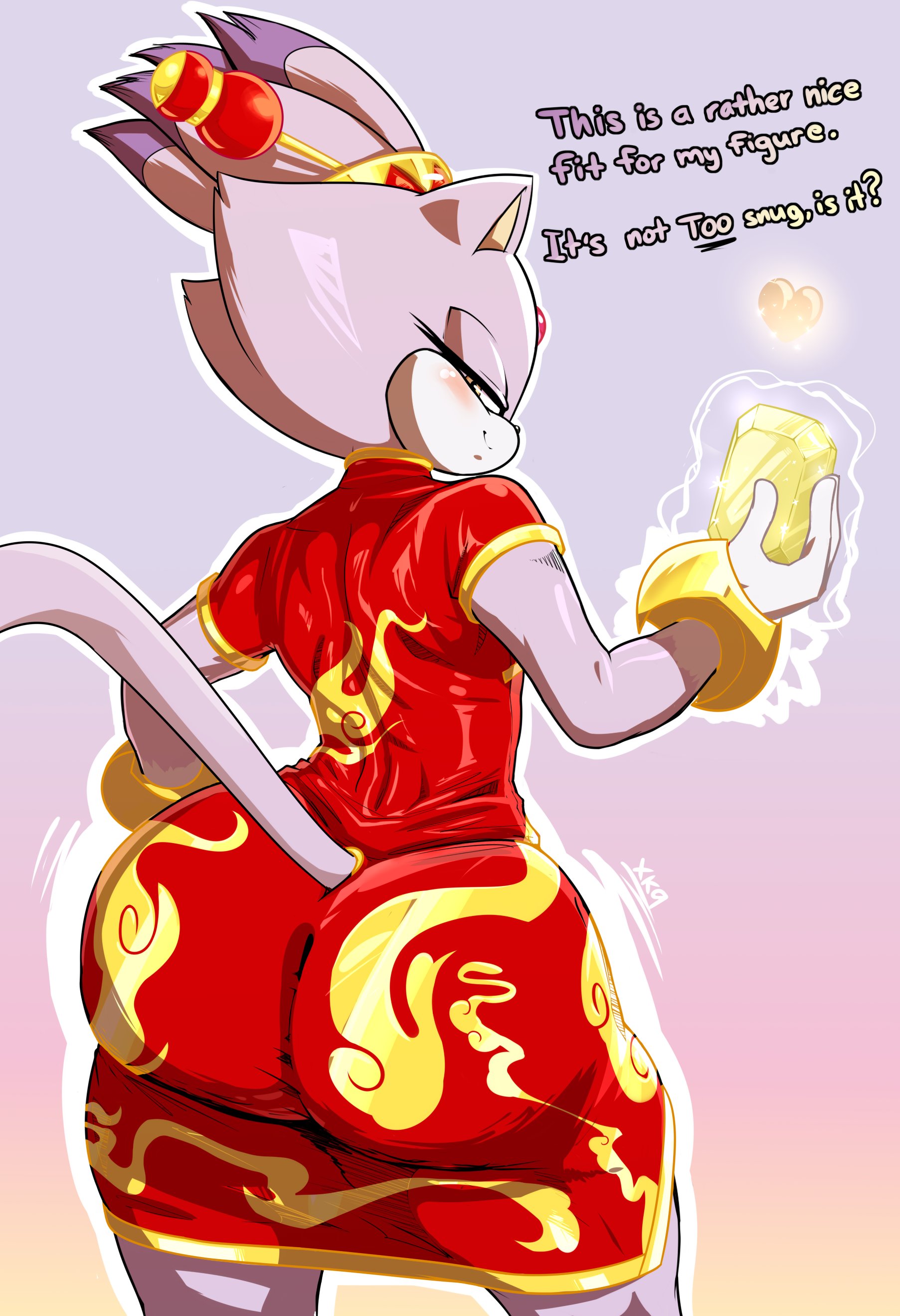 1girls, alternate version available, anthro, anthro focus, anthro only, ass, ass focus, back, back view, big ass, big butt, blaze the cat, blush, blush lines, blushing, bottom heavy, bottom heavy female, bubble ass, bubble butt, cellulite, chinese clothes, color, curvaceous, curvy, curvy female, curvy figure, dialogue, dres, emerald (gem), english text, eyelashes, fat ass, feline, feline humanoid, female, female focus, female only, forehead jewel, fur, hi res, high resolution, highres, holding object, huge ass, huge butt, humanoid, jewel, large ass, long eyelashes, qipao, qipao dress, rear view, sega, simple background, smile, smiling, sol emerald, solo, solo female, solo focus, sonic (series), sonic rush, sonic the hedgehog (series), tagme, tail, text, thick ass, thick thighs, thighs, tied hair, voluptuous, voluptuous female, xaveknyne