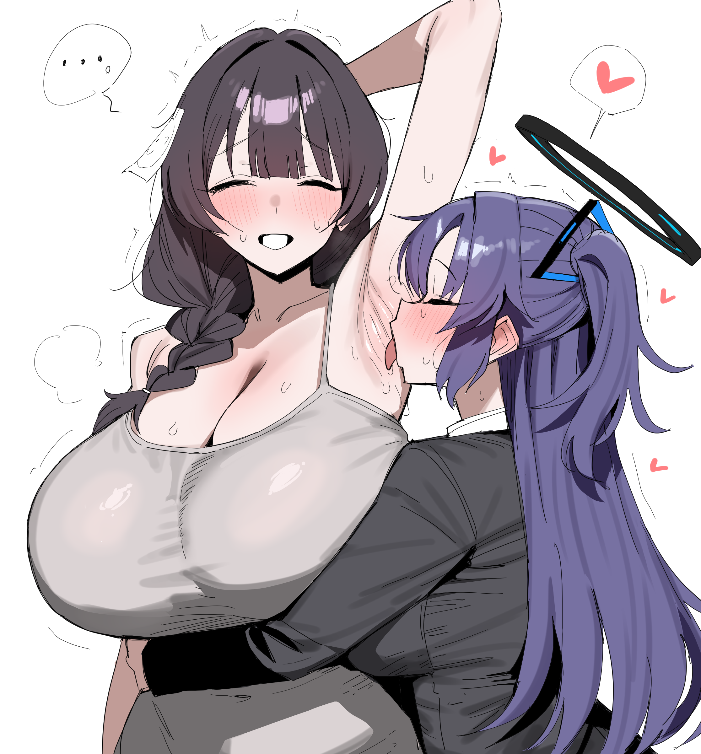 ..., 2girls, absurdres, armpit fetish, armpit licking, armpits, bakushin o armpit gif (meme), black hair, black halo, black jacket, blue archive, braid, braided ponytail, breasts, cleavage, closed eyes, commentary request, female sensei (blue archive), halo, heart, highres, huge breasts, jacket, licking, licking armpit, long hair, long sleeves, multiple girls, purple hair, sensei (blue archive), simple background, smile, spoken ellipsis, spoken heart, white background, xipa, yuri, yuuka (blue archive)