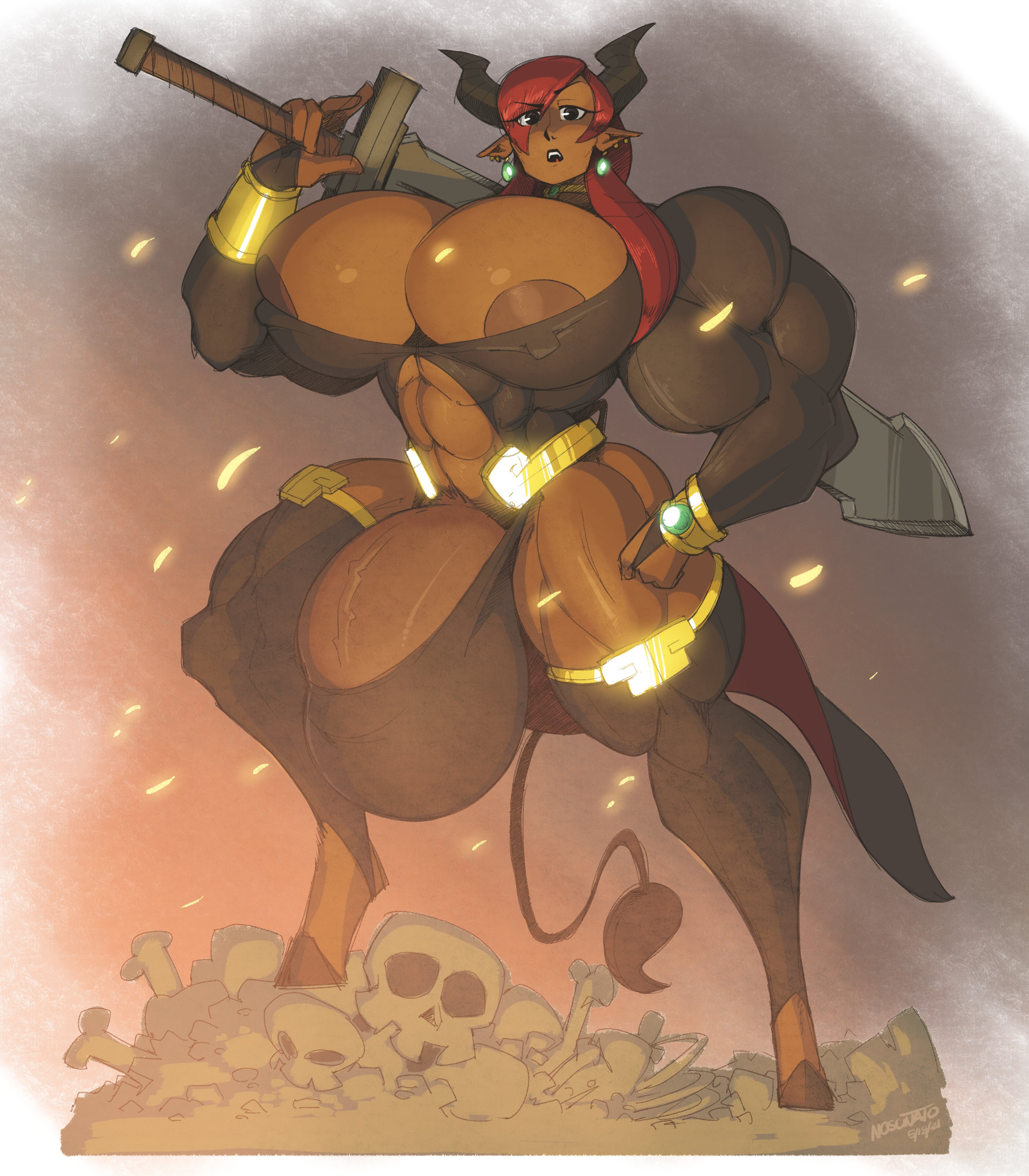 1futa, abs, areolae, balls, breasts, breasts bigger than head, bursting breasts, cleavage, cleavage overflow, clothed, clothing, dark skin, dark-skinned futa, dick root, flaccid, futa only, futanari, huge areolae, huge breasts, huge cock, humanoid, humanoid penis, hyper balls, hyper breasts, hyper penis, intersex, long hair, muscular, muscular futa, nosunato, partially clothed, penis, penis cleavage, pose, red hair, solo, standing, sword, thick thighs, weapon