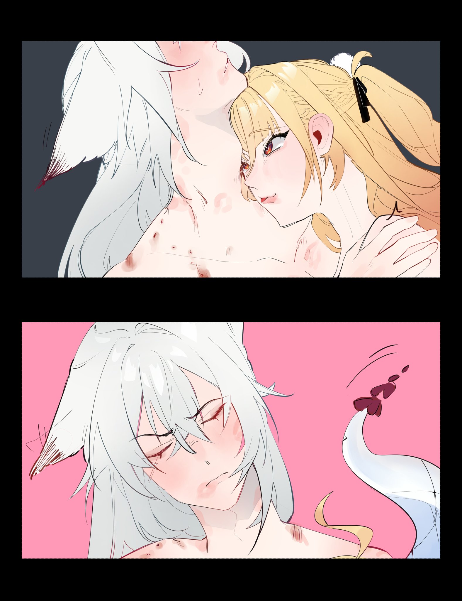 1boy, 1girls, 2koma, bite mark, blonde hair, cat boy, cat ears, cat humanoid, cissia (zenless zone zero), hoyoverse, implied oral, kiss mark, long hair, nude, nude female, nude male, potatoblins, red eyes, severian lowell, sfw, snake girl, white hair, zenless zone zero
