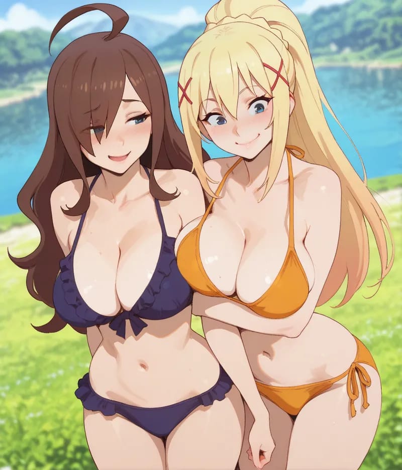 2girls, ahoge, ai generated, ass, bare shoulders, bikini, blonde hair, blue bikini, blue eyes, blurry, blush, breasts, brown hair, darkness (konosuba), day, elvoryn, eyes visible through hair, female, female on bikini, female only, from behind, grin, hair ornament, hair over one eye, konosuba, large breasts, long hair, looking at viewer, multiple girls, outdoors, ponytail, side-tie bikini bottom, smile, standing, swimsuit, wiz (konosuba), x hair ornament