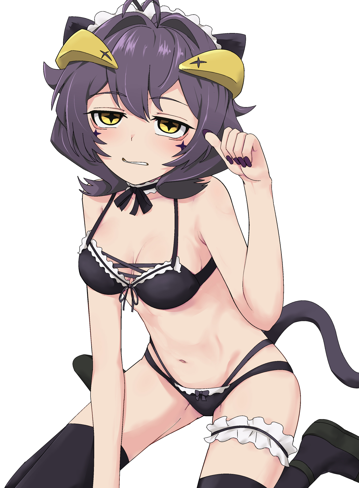 biting own lip, blush, boot, boots, cat ears, cat girl, cat tail, catgirl, embarrassed, gushing over magical girls, hiiragi utena, magia baiser, mahou shoujo ni akogarete, medium breasts, paw pose, petite, purple nails, sitting, thigh strap, wariza