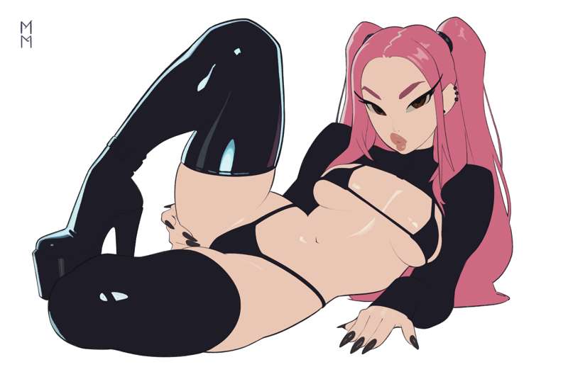 1girls, big lips, bimbo lips, black boots, boots, female, female only, high heel boots, high heels, kpop demon hunters, latex, long fingernails, long nails, marsupialman, mira (kpop demon hunters), nail polish, painted fingernails, painted nails, pink hair, tagme, thick lips, thigh boots