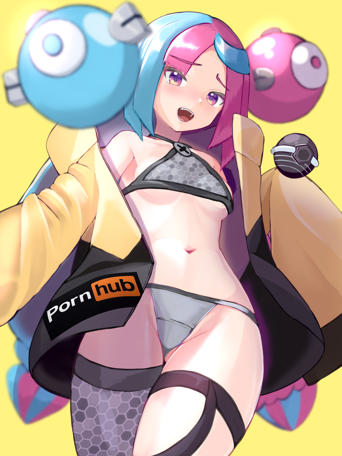 :d, 1girls, adapted costume, blurry, character hair ornament, clothing, commentary request, female, female only, grey panties, grey thighhighs, hair ornament, highres, iono (pokemon), jacket, konpotsu, legs together, long hair, multicolored hair, navel, nintendo, open clothes, open jacket, open mouth, panties, pokemon, pokemon sv, pornhub, purple eyes, single thighhigh, smile, solo, teeth, thigh strap, thighhighs, tongue, two-tone hair, underwear, wide hips, yellow background, yellow jacket