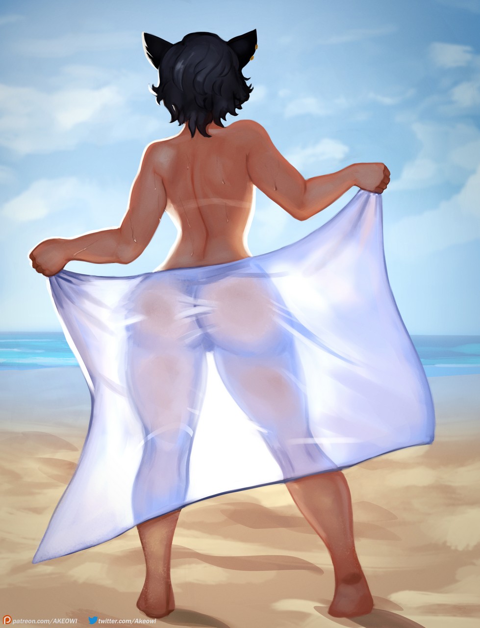 2022 akeowi ass ass_focus back_to_viewer beach big_ass big_butt black_hair bubble_butt casual catgirl ear_piercings female_only kali_belladonna mature_female milf nudist outdoors rwby see-through see-through_towel short_hair solo tan-skinned_female tanline thick_thighs toned_legs topless towel toweling_off wet wide_hips