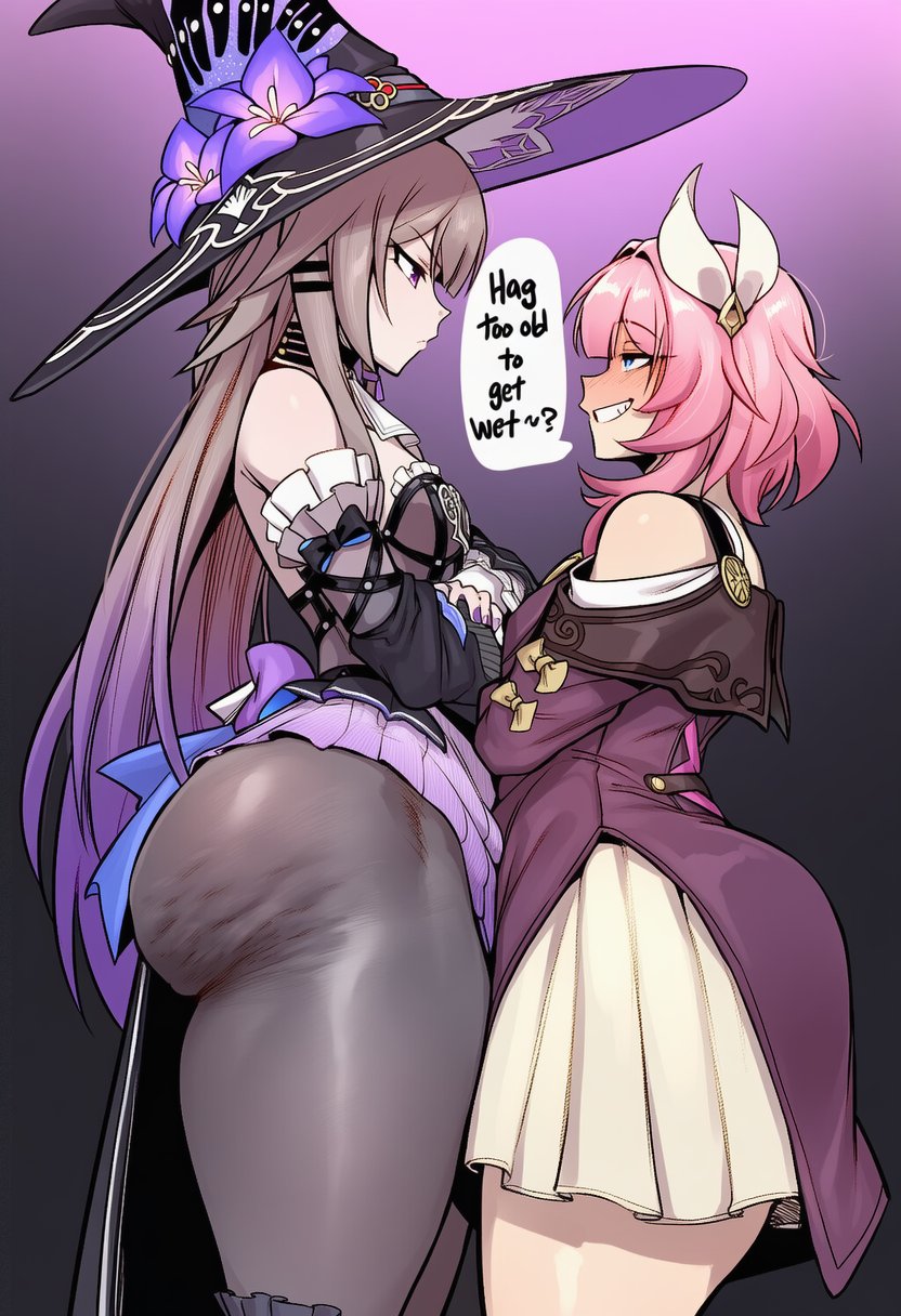 2d, 2girls, ai generated, ass, bare shoulders, big ass, big butt, big thighs, black headwear, blue eyes, blush, breasts, brown hair, bubble butt, cyrene (honkai: star rail), cyreneceo, detached sleeves, dress, english, english text, female, female only, flower, grin, hat, hat flower, height difference, herta (honkai: star rail), honkai: star rail, huge ass, huge butt, large ass, large breasts, large butt, large thighs, long hair, looking at another, pantyhose, pink hair, purple eyes, rule 63, shorter female, size difference, skirt, small breasts, smile, speech bubble, taller female, text, the herta (honkai: star rail), thick ass, thick butt, thick thighs, thighs, witch hat, yuri