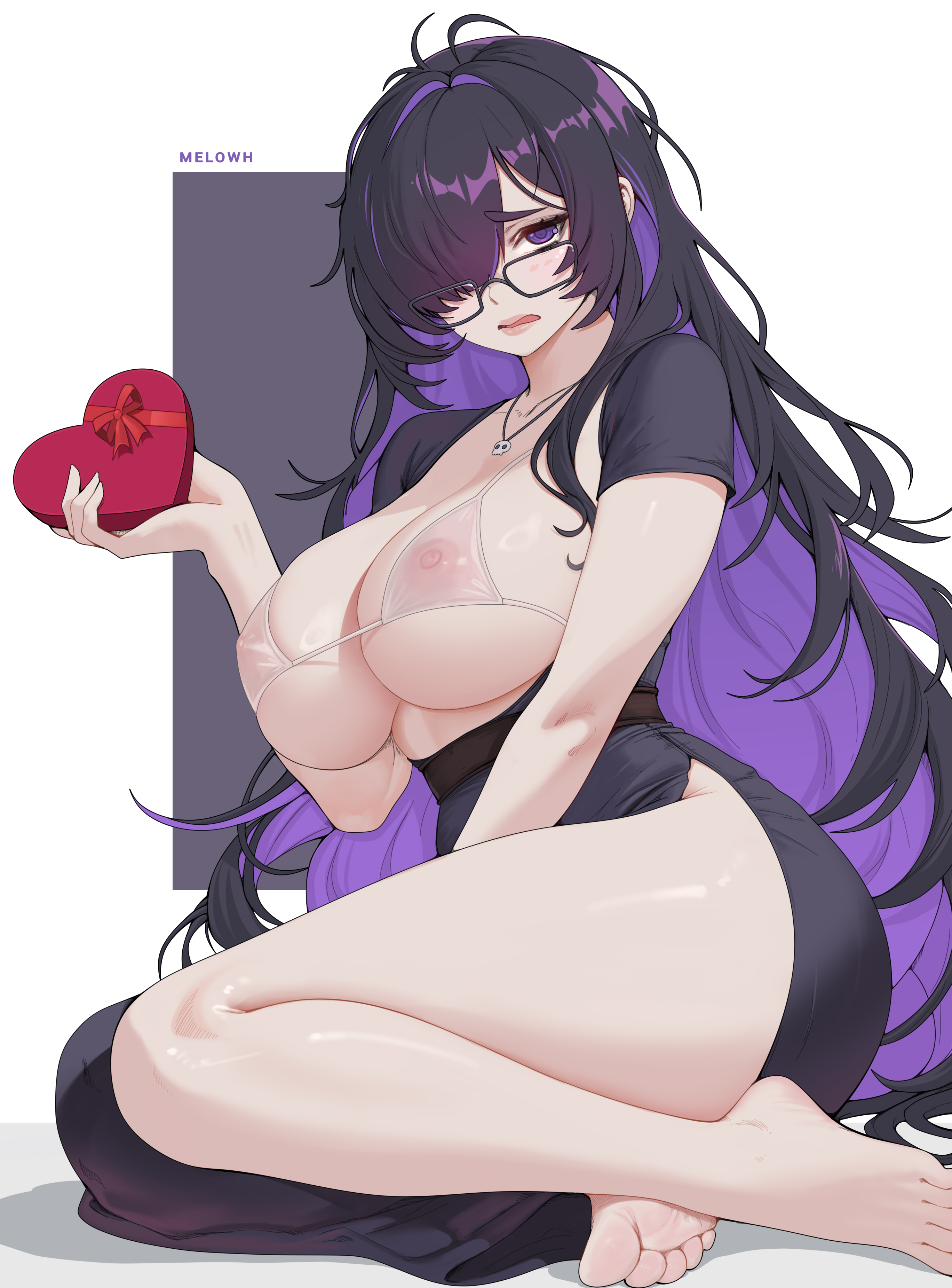 1girls, artist name, barefoot, bikini, black background, black hair, black skirt, black-framed eyewear, box, breasts, female, female only, gift, gift box, glasses, goddess of victory: nikke, hair over one eye, heart-shaped box, holding, holding gift, label (nikke), large breasts, legs, long hair, looking at viewer, melowh, multicolored hair, nipples, open mouth, purple eyes, purple hair, see-through bikini, see-through clothes, skirt, soles, solo, swimsuit, thighs, toes, two-tone background, two-tone hair, white background, white bikini