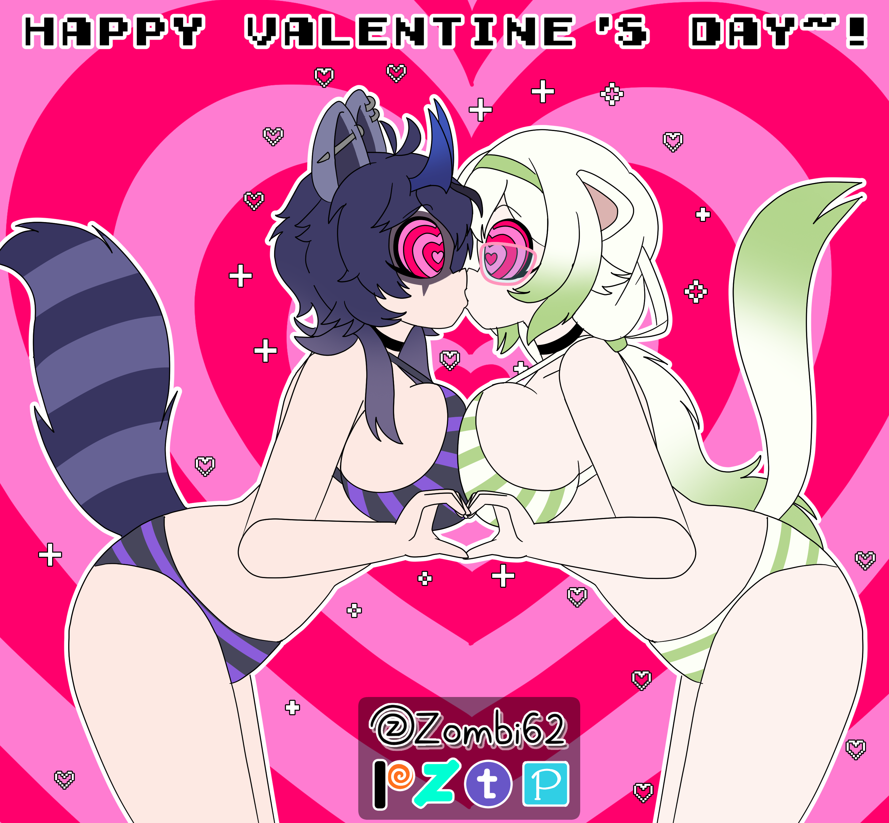 2girls, 3am, ass, big breasts, bikini, blue hair, breasts, breasts squeezed together, ferret girl, ferret tail, green hair, heart hands, hypnosis, indie virtual youtuber, kissing, laimu, large breasts, lesbian kiss, raccoon girl, raccoon tail, snuffy, thighs, twintails, virtual youtuber, white hair, yuri, zombi62