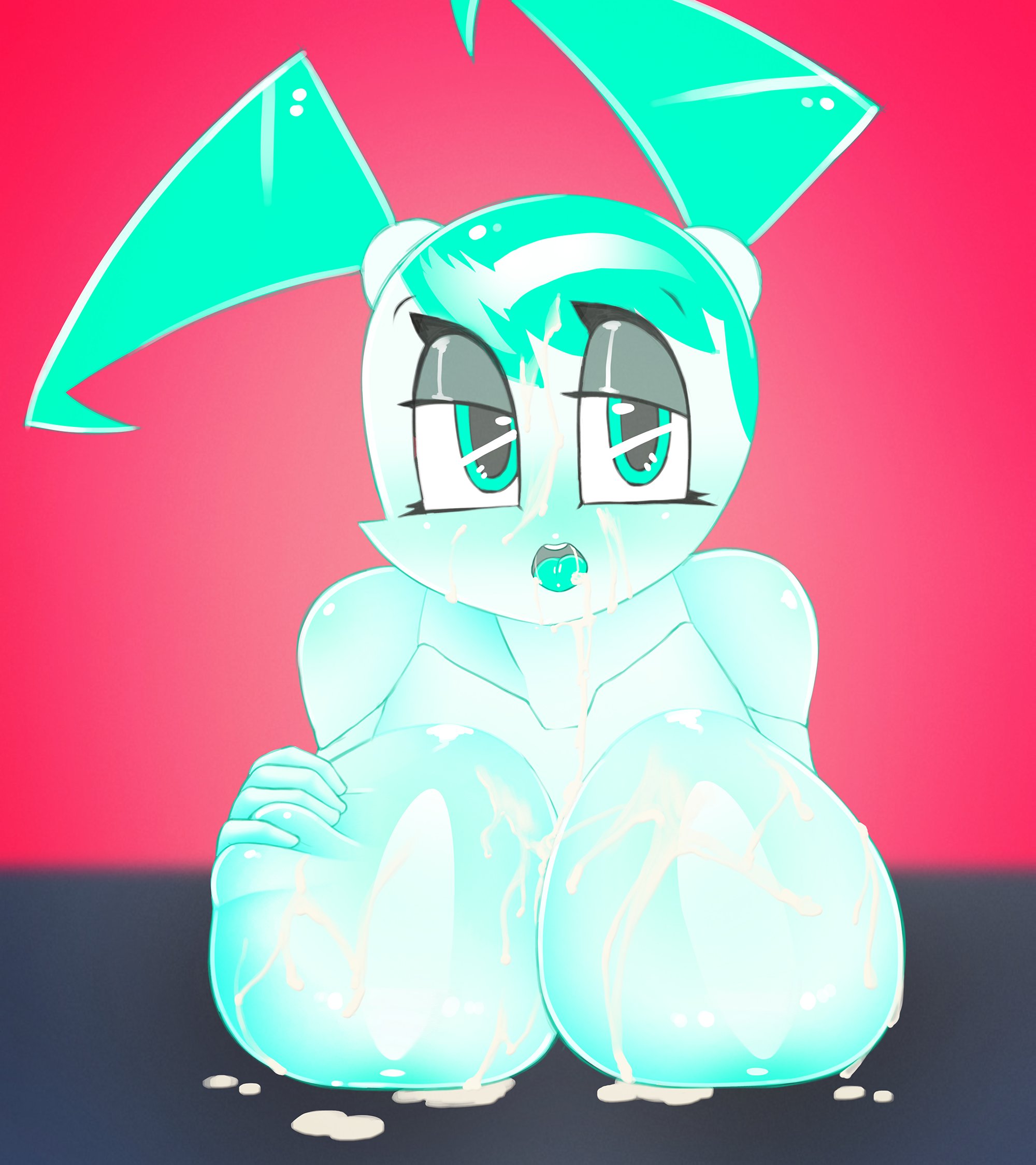 1girls, big breasts, breasts, busty, cum, cum on breasts, cum on face, cum on upper body, female, female only, green eyes, green tongue, hand on breast, huge breasts, implied sex, jenny wakeman, lonlon, my life as a teenage robot, nickelodeon, robot, robot girl, robot humanoid, smooth skin, solo, solo female, white body, xj-9